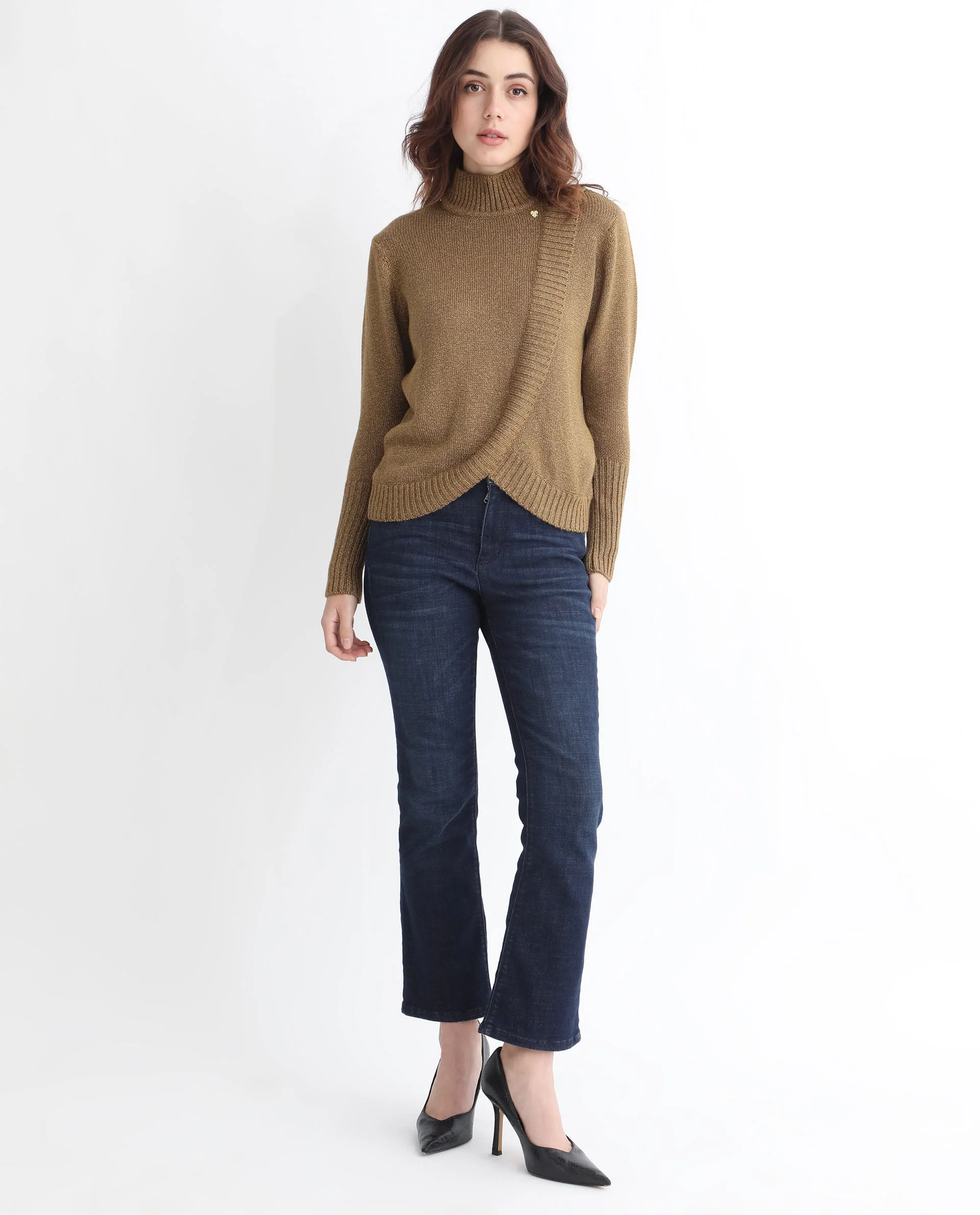 Rareism Women's Austern Gold Acrylic Turtle Neck Plain Knee Length Regular Fit Sweater - Image 2