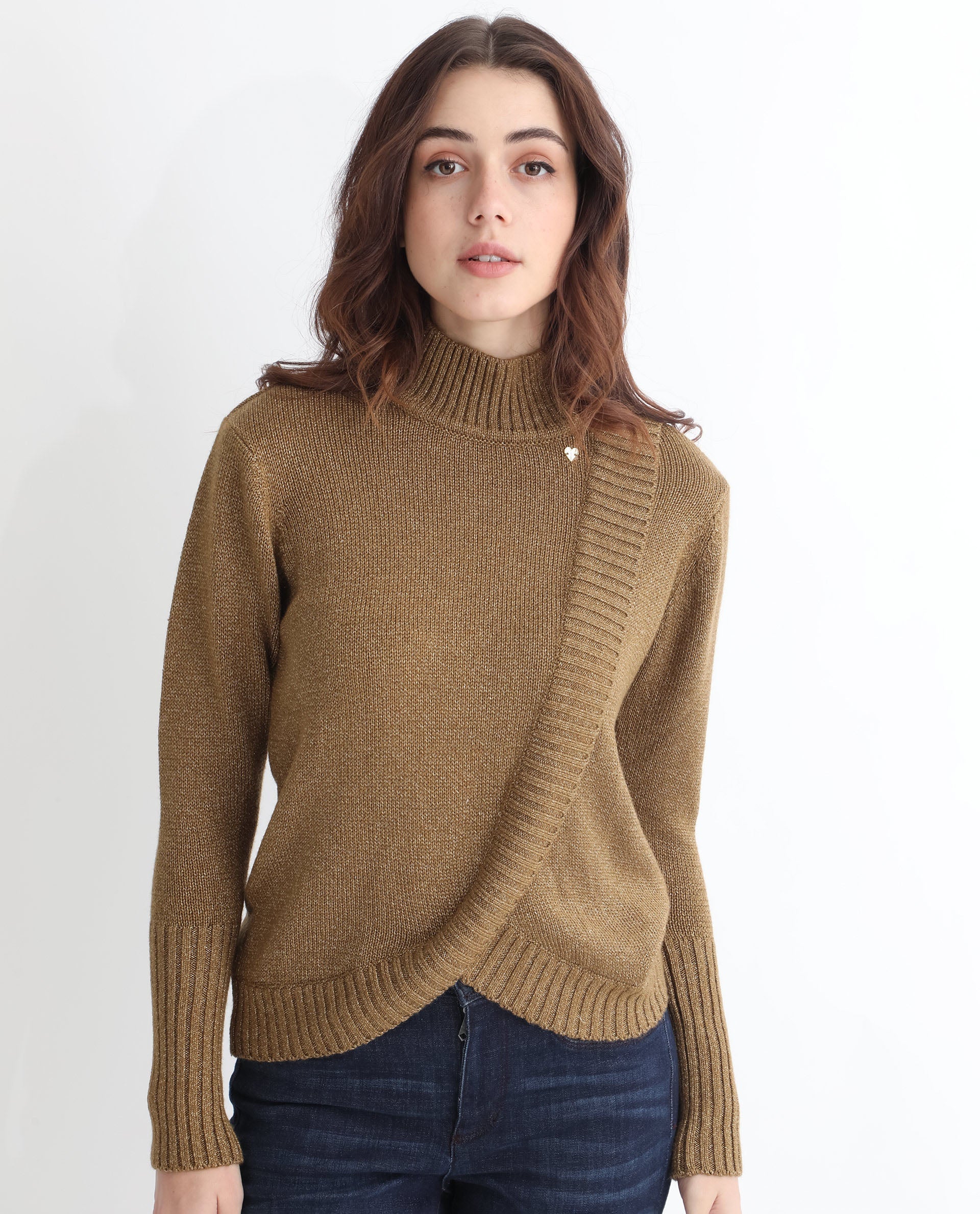 Rareism Women's Austern Gold Acrylic Turtle Neck Plain Knee Length Regular Fit Sweater - Image 3
