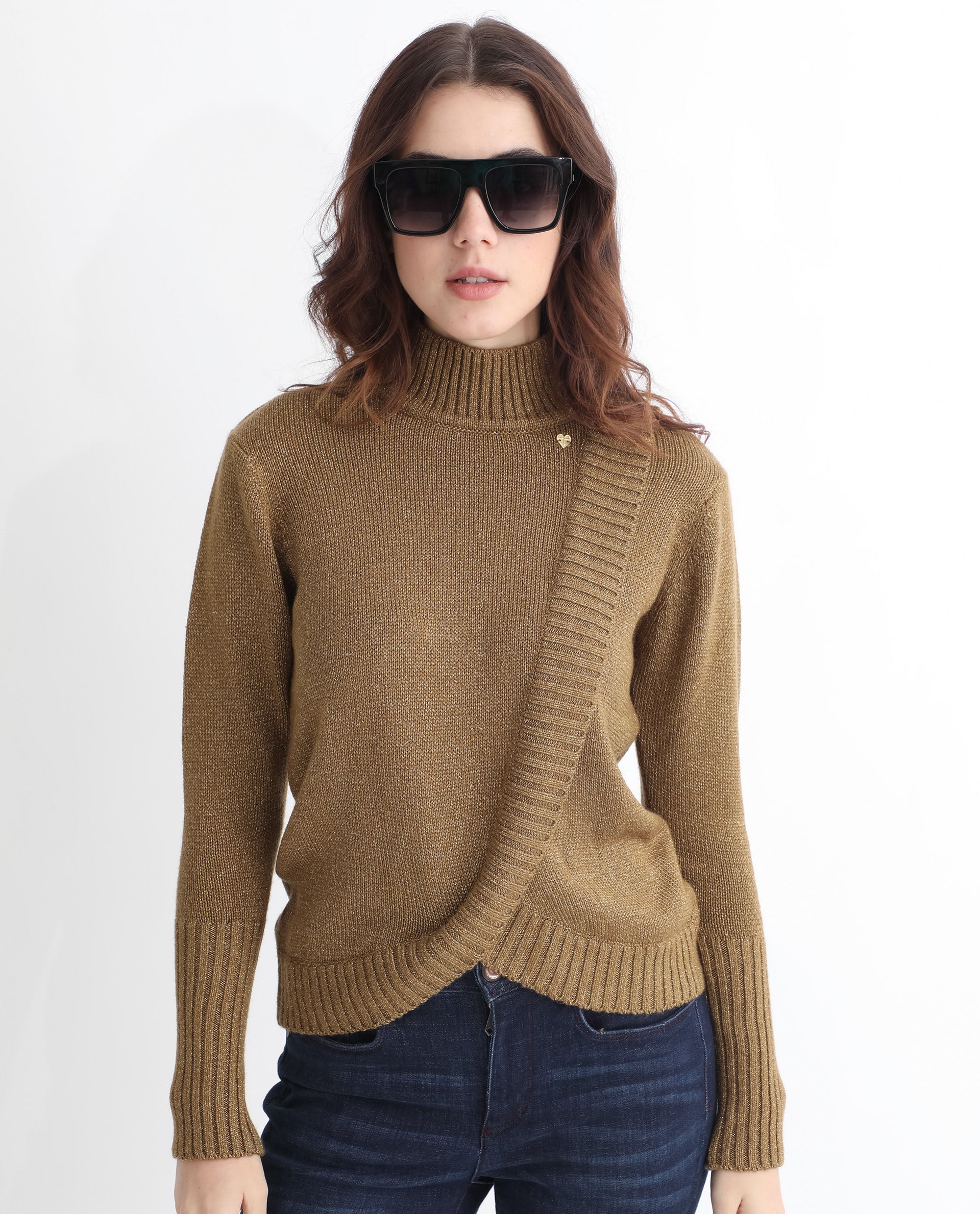 Rareism Women's Austern Gold Acrylic Turtle Neck Plain Knee Length Regular Fit Sweater - Image 4