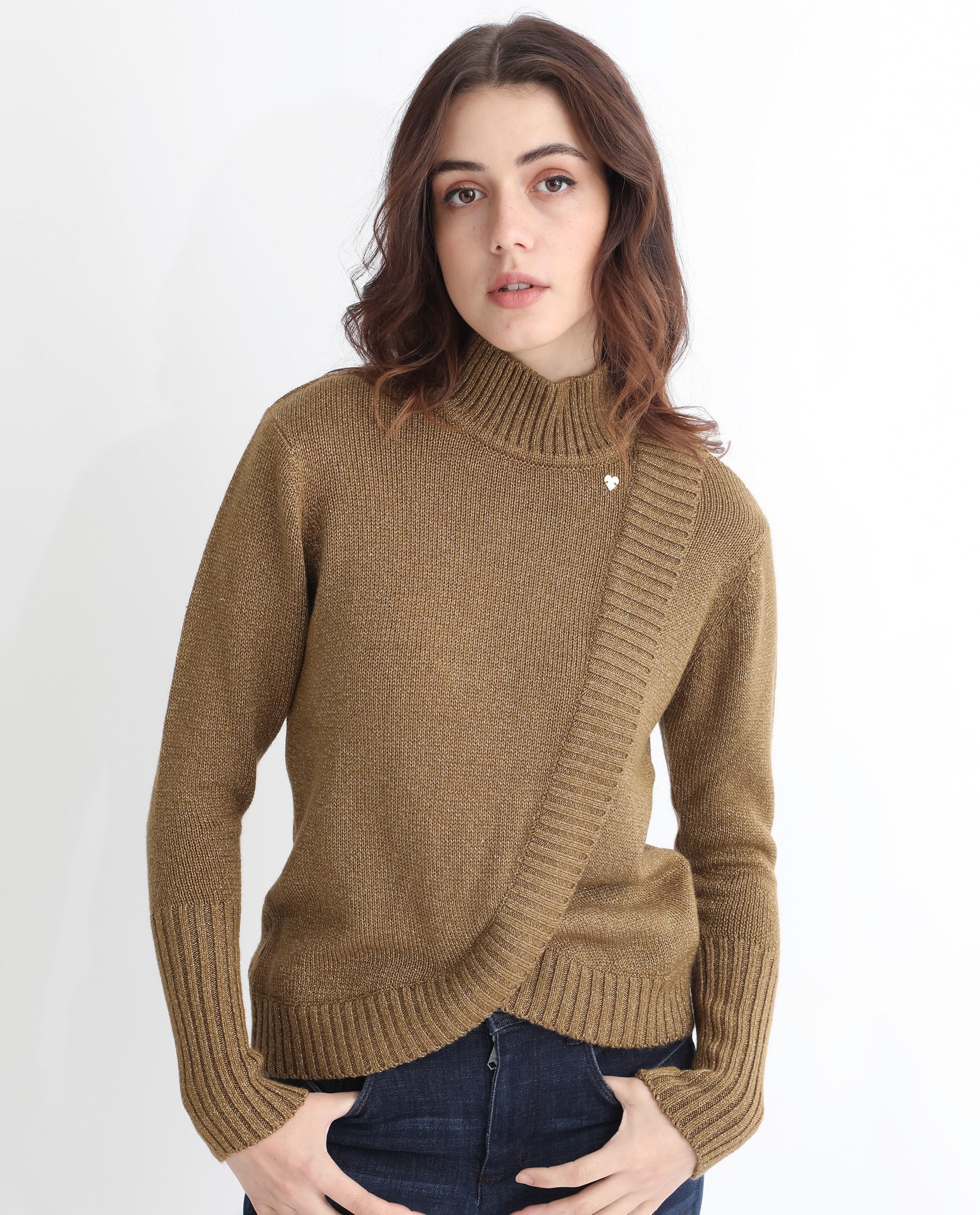 Rareism Women's Austern Gold Acrylic Turtle Neck Plain Knee Length Regular Fit Sweater - Image 5