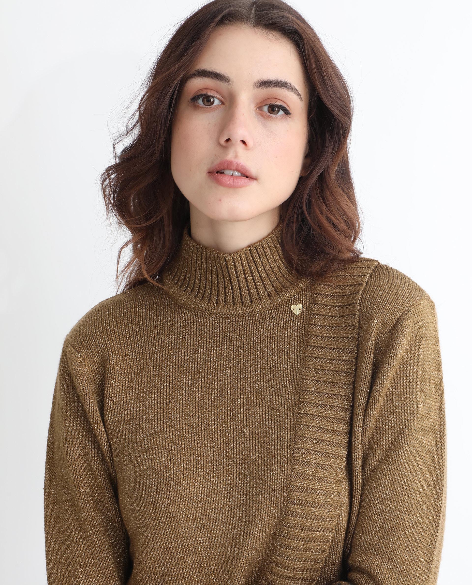Rareism Women's Austern Gold Acrylic Turtle Neck Plain Knee Length Regular Fit Sweater - Image 6