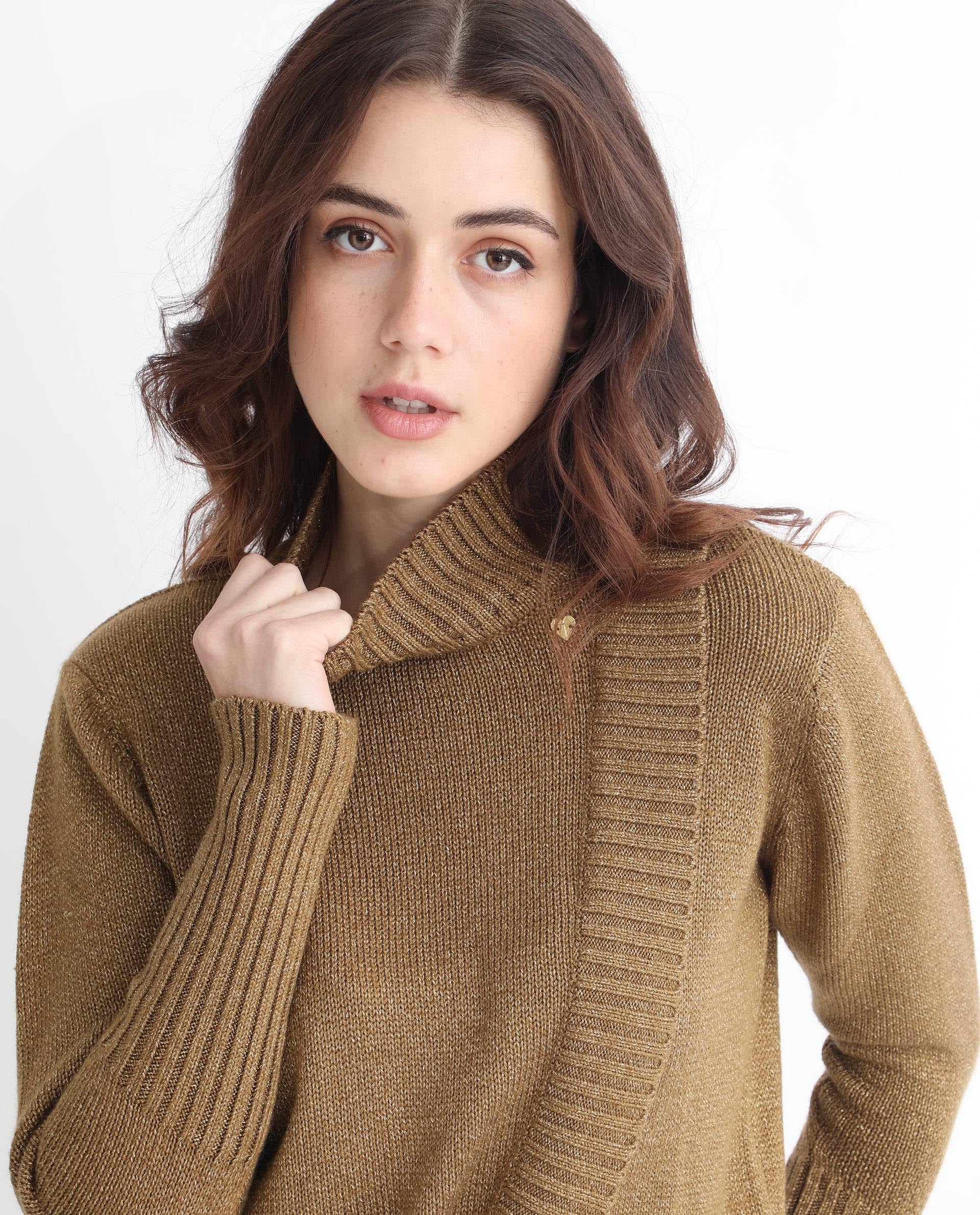 Rareism Women's Austern Gold Acrylic Turtle Neck Plain Knee Length Regular Fit Sweater - Image 7