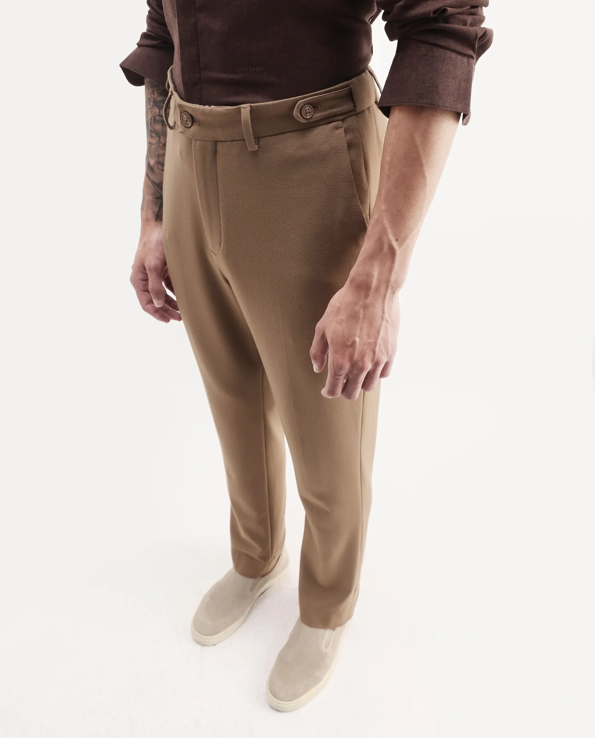 Rare Rabbit Men Austi-Aw25 Dark Beige Polyester Blend Fabric Button Closure Regular Fit Plain Trouser - Image 3