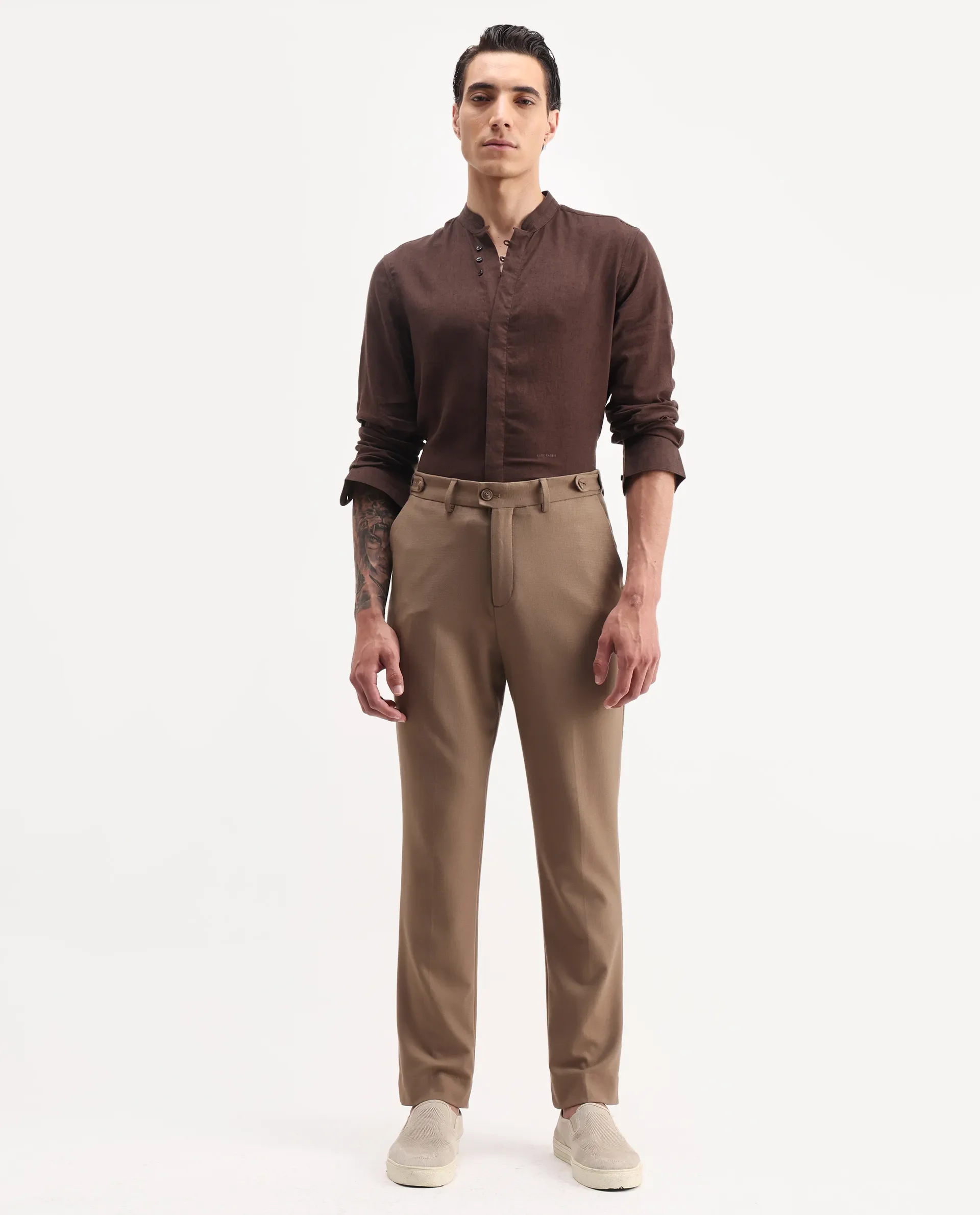 Rare Rabbit Men Austi-Aw25 Dark Beige Polyester Blend Fabric Button Closure Regular Fit Plain Trouser - Image 4