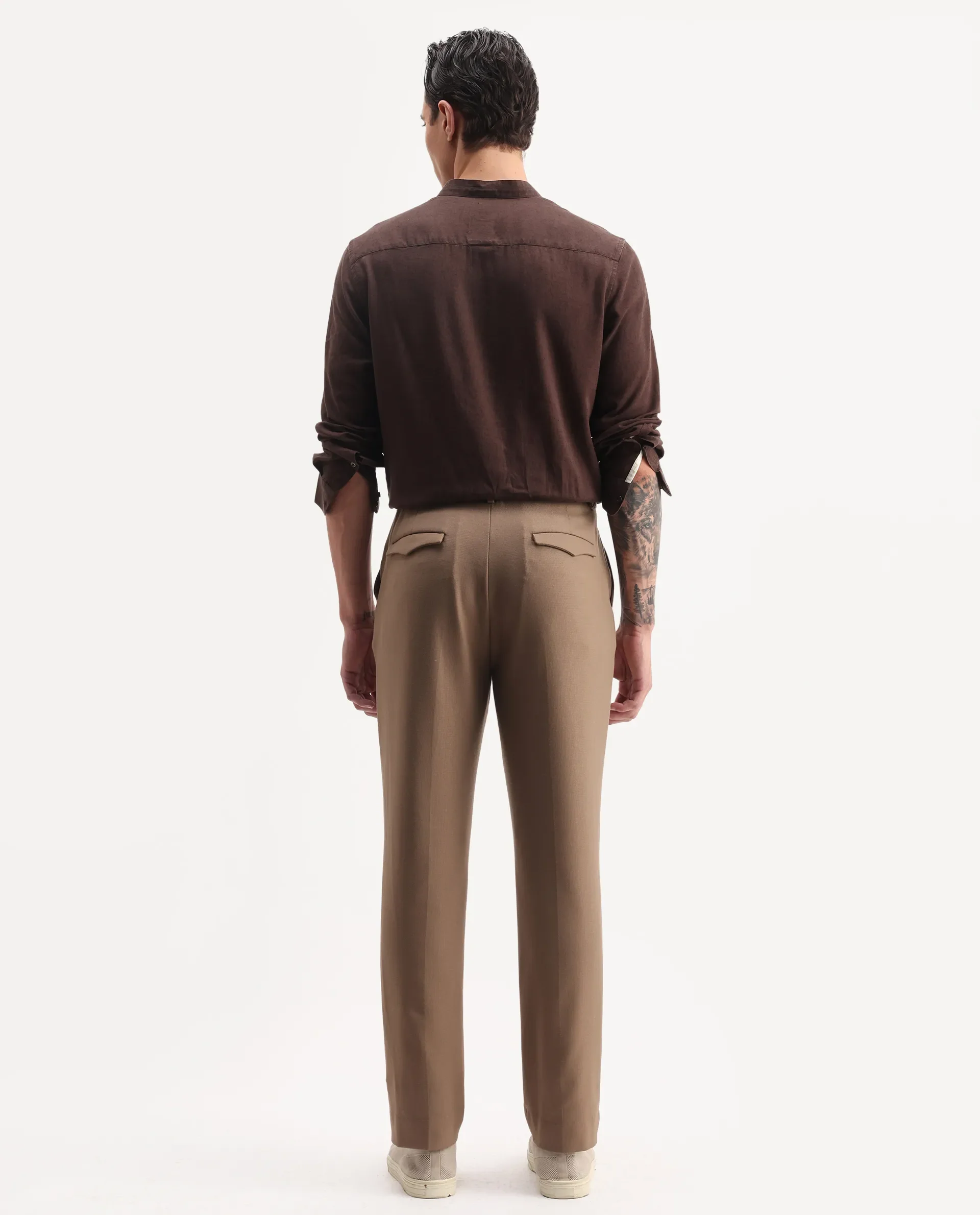 Rare Rabbit Men Austi-Aw25 Dark Beige Polyester Blend Fabric Button Closure Regular Fit Plain Trouser - Image 5