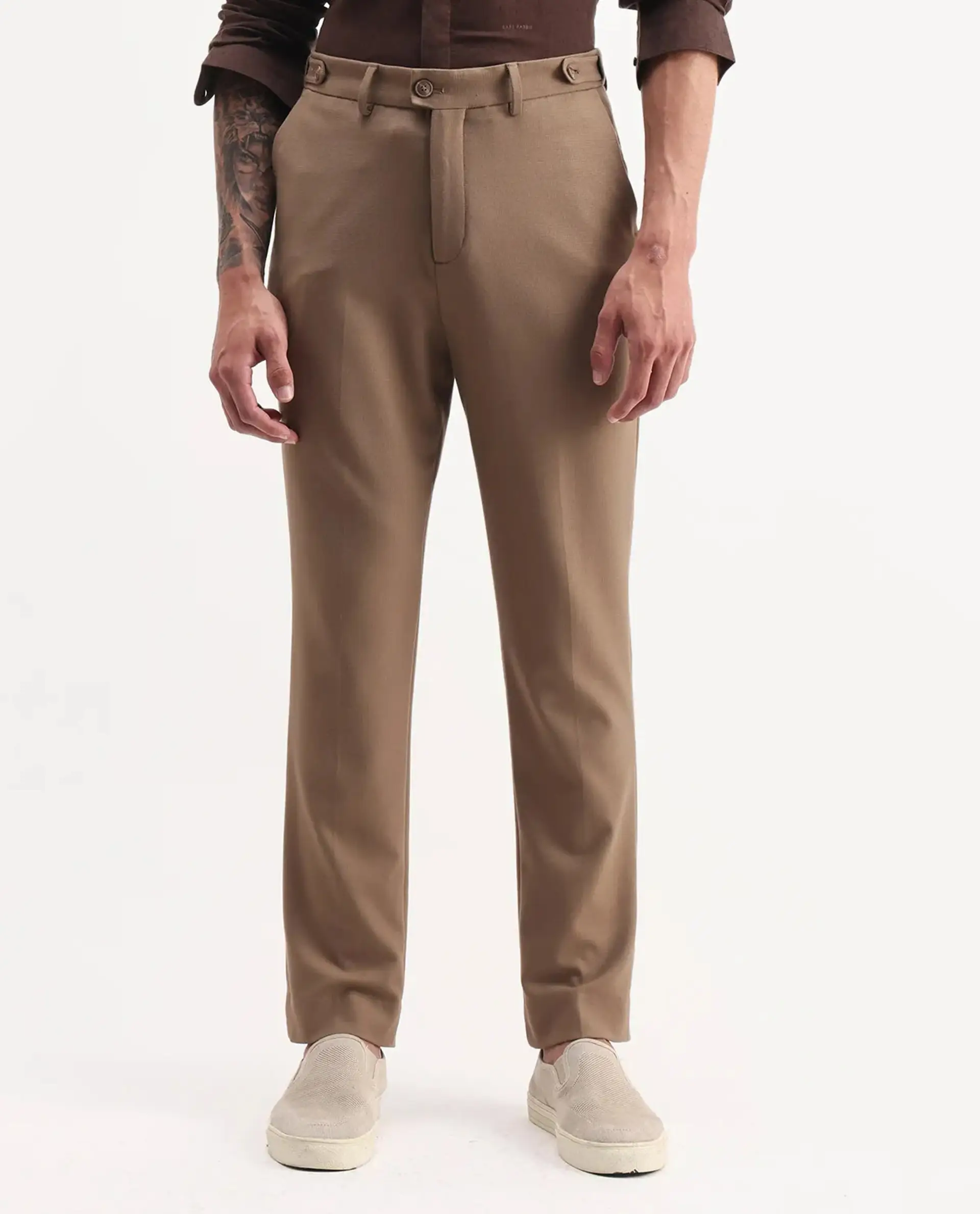 Rare Rabbit Men Austi-Aw25 Dark Beige Polyester Blend Fabric Button Closure Regular Fit Plain Trouser - Image 6