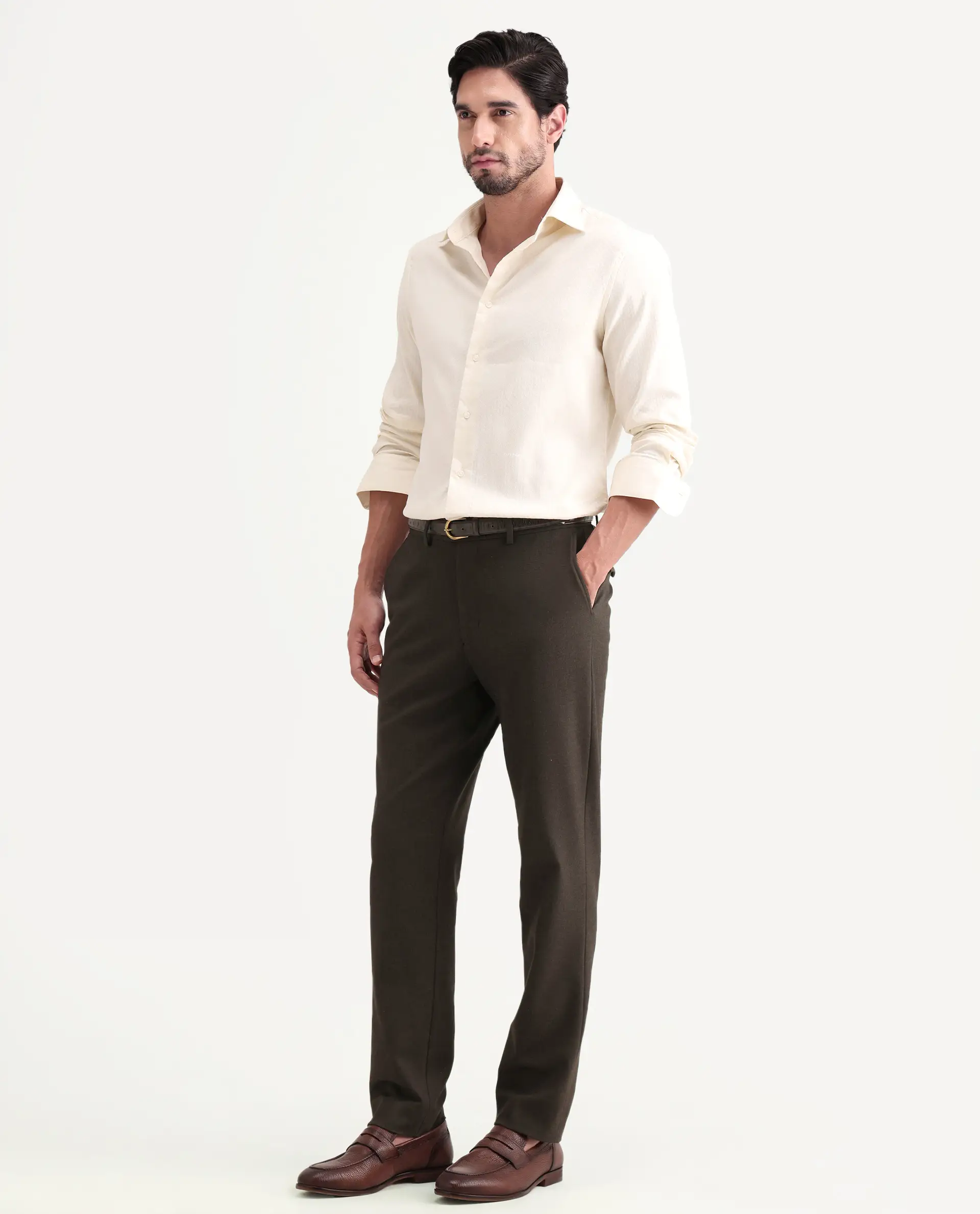 Rare Rabbit Men's Austi-Ss26 Dark Olive Polyester Blend Fabric Regular Fit Plain Trouser - Image 6