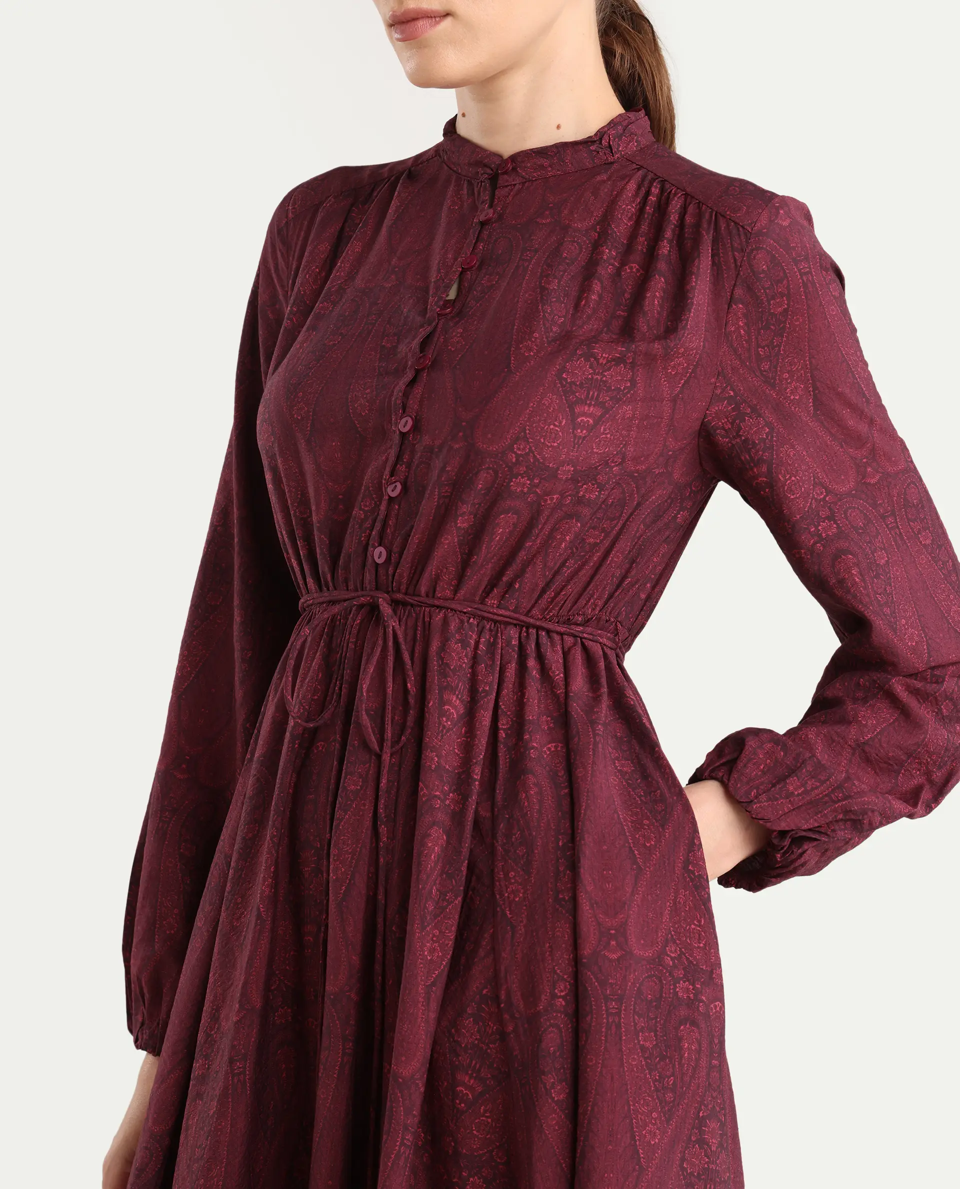 Rareism Women's Austo Maroon Viscose Blend Mandarin Collar Fit And Flare Paisley Print Dress - Image 5