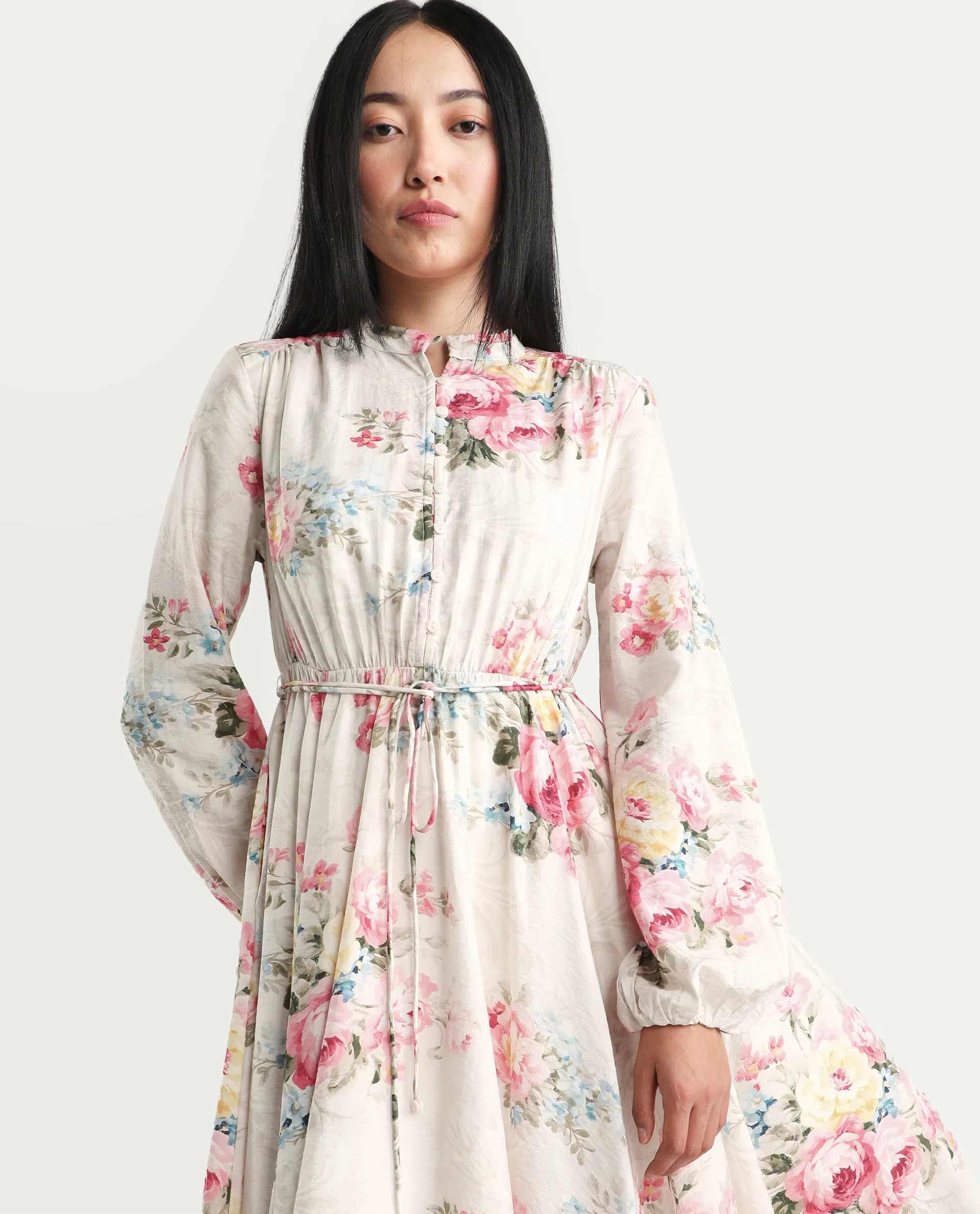 Rareism Women's Austom Beige Viscose Blend Mandarin Collar Fit And Flare Printed Dress - Image 2