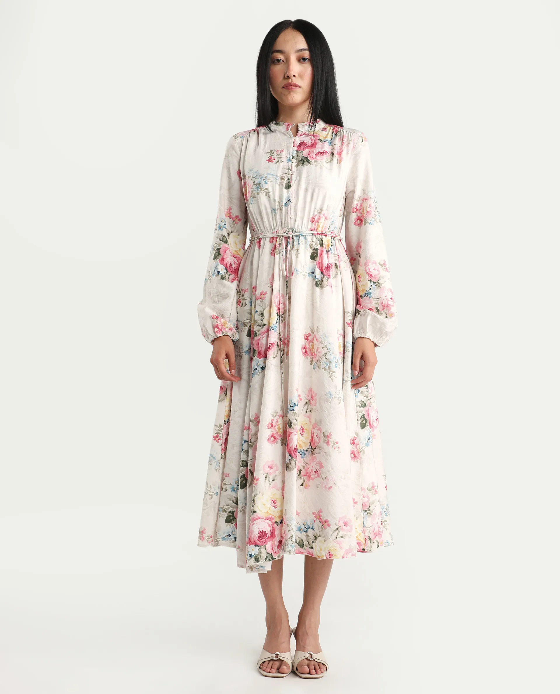 Rareism Women's Austom Beige Viscose Blend Mandarin Collar Fit And Flare Printed Dress - Image 3