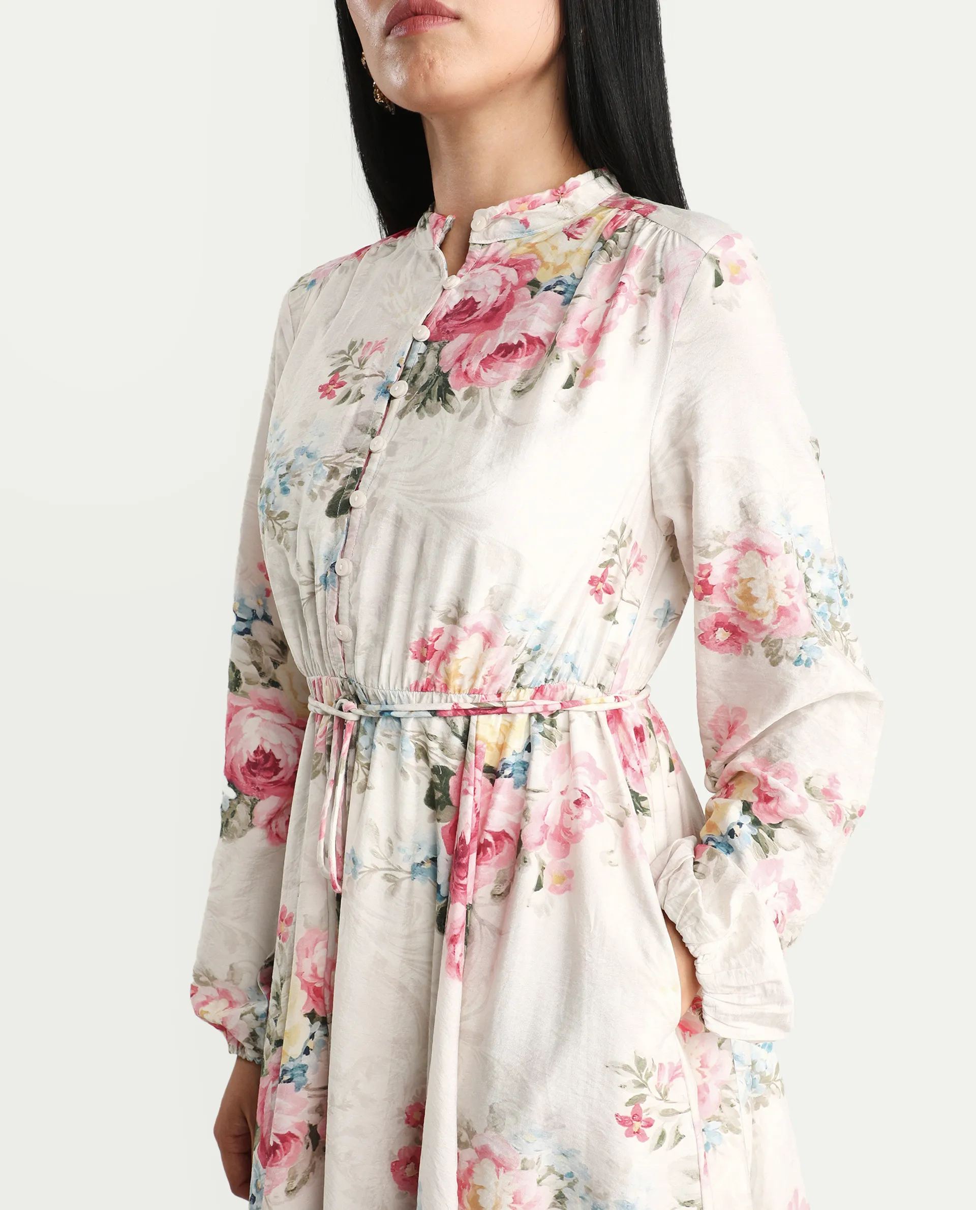 Rareism Women's Austom Beige Viscose Blend Mandarin Collar Fit And Flare Printed Dress - Image 4