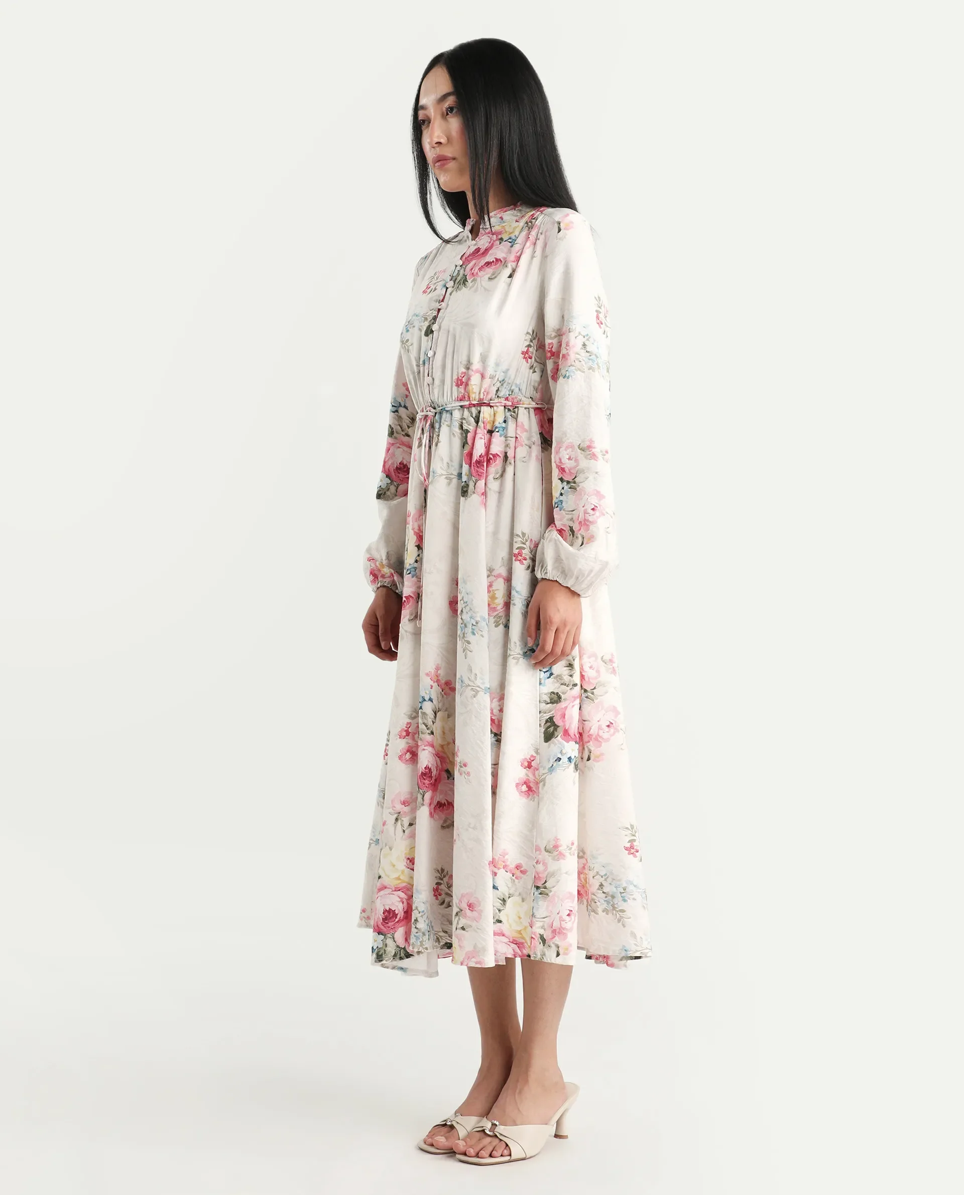 Rareism Women's Austom Beige Viscose Blend Mandarin Collar Fit And Flare Printed Dress - Image 5