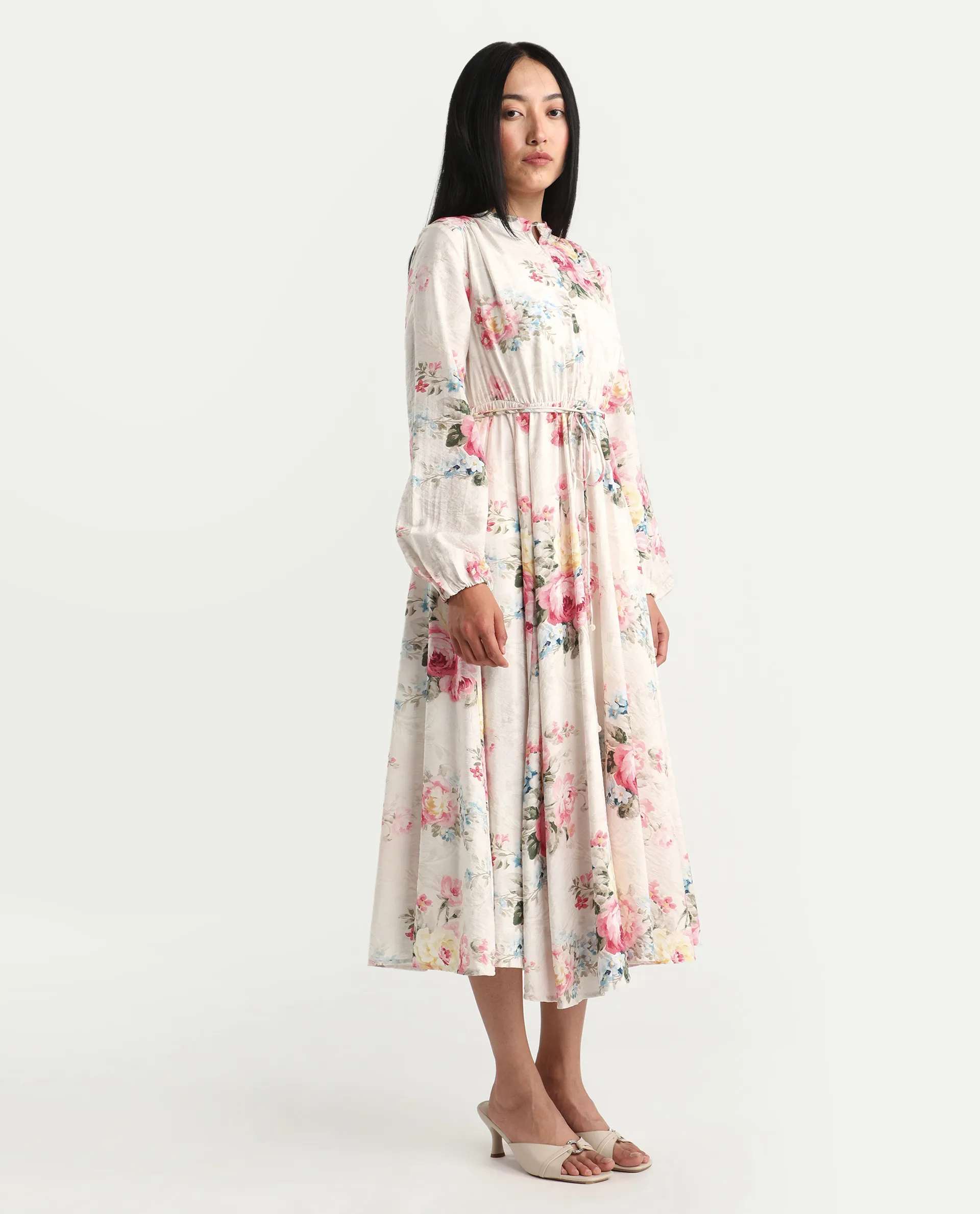 Rareism Women's Austom Beige Viscose Blend Mandarin Collar Fit And Flare Printed Dress - Image 6