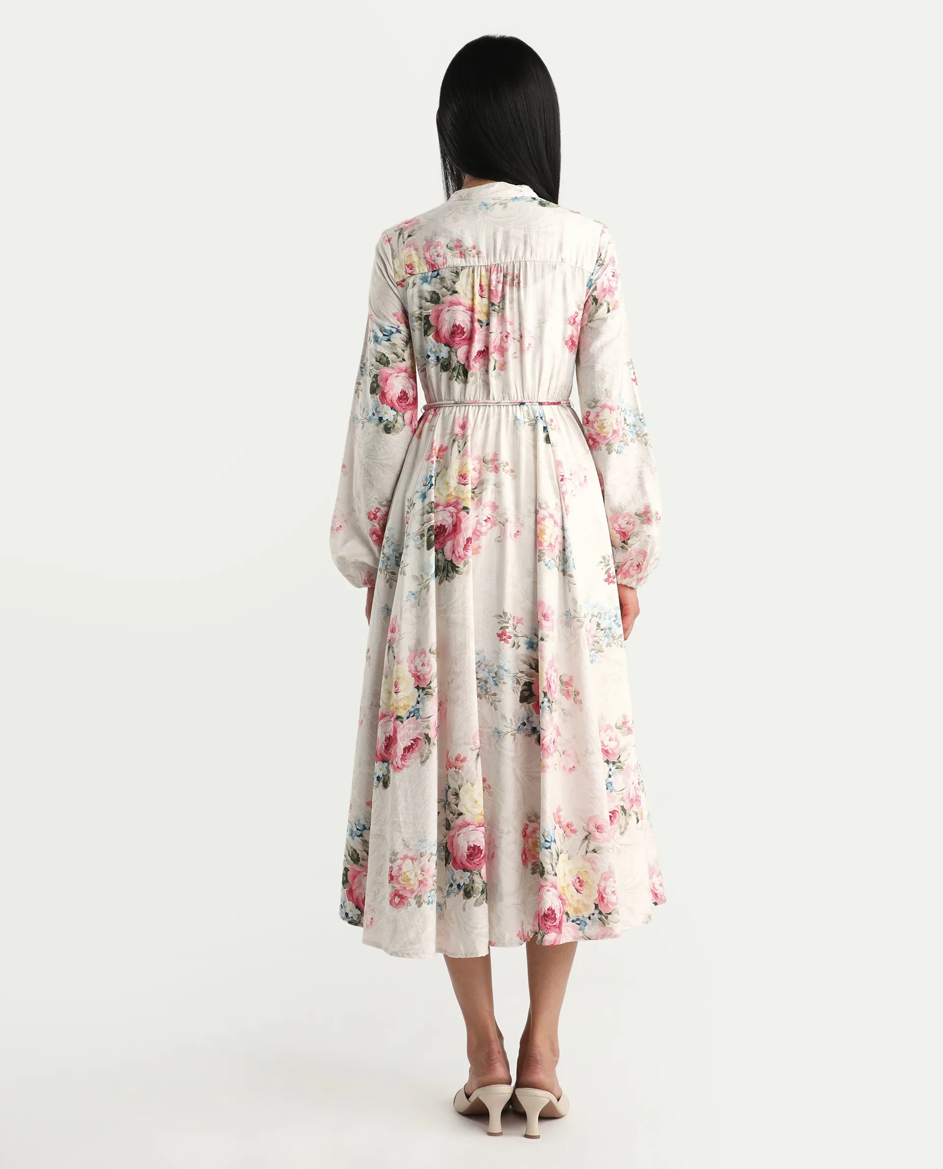 Rareism Women's Austom Beige Viscose Blend Mandarin Collar Fit And Flare Printed Dress - Image 7