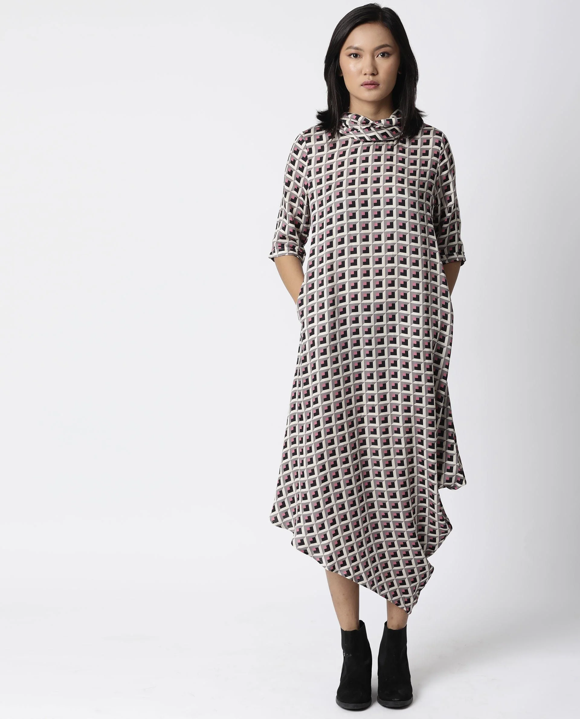 Rareism Women Auto Beige Dress Short Sleeves Printed