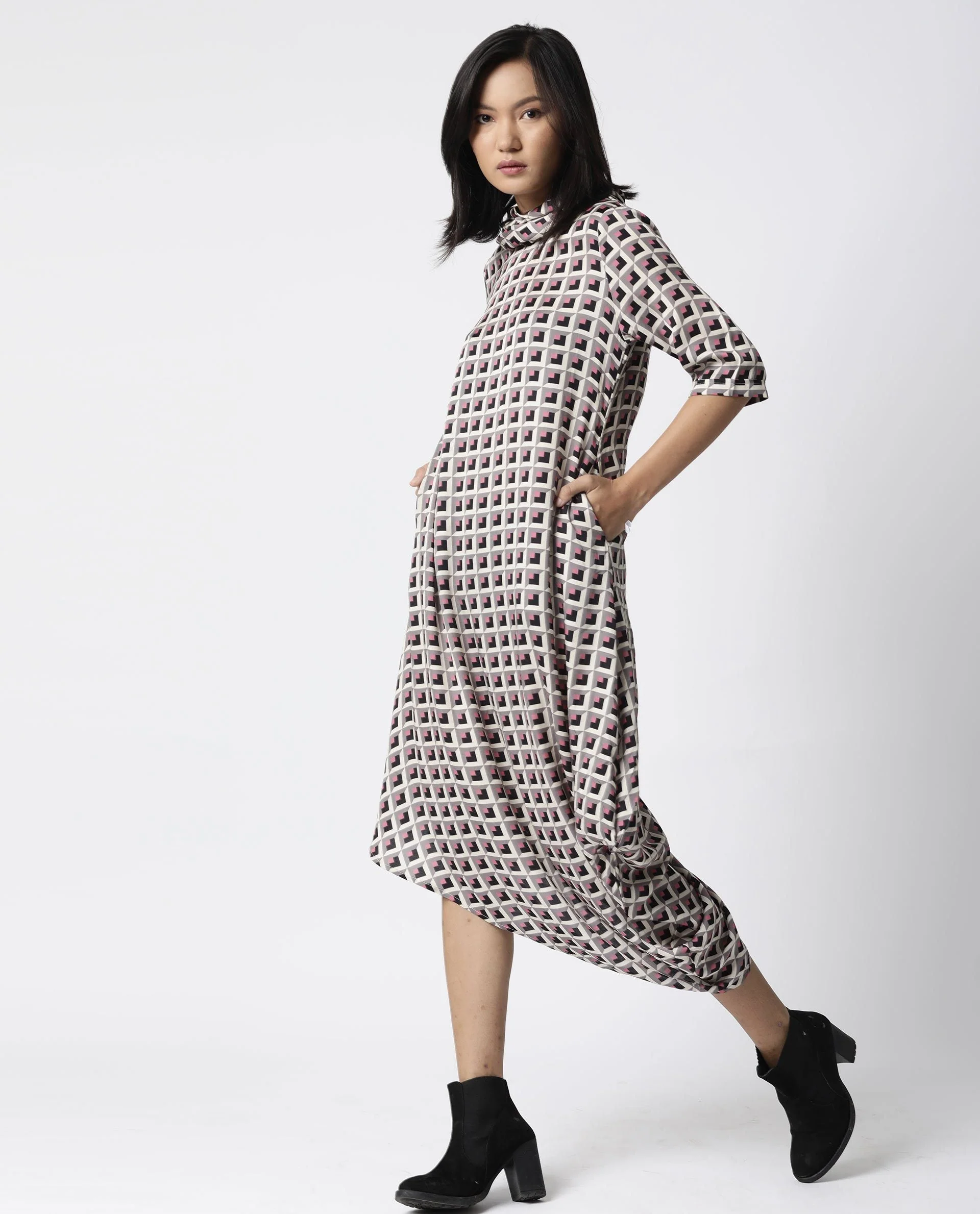 Rareism Women Auto Beige Dress Short Sleeves Printed - Image 3