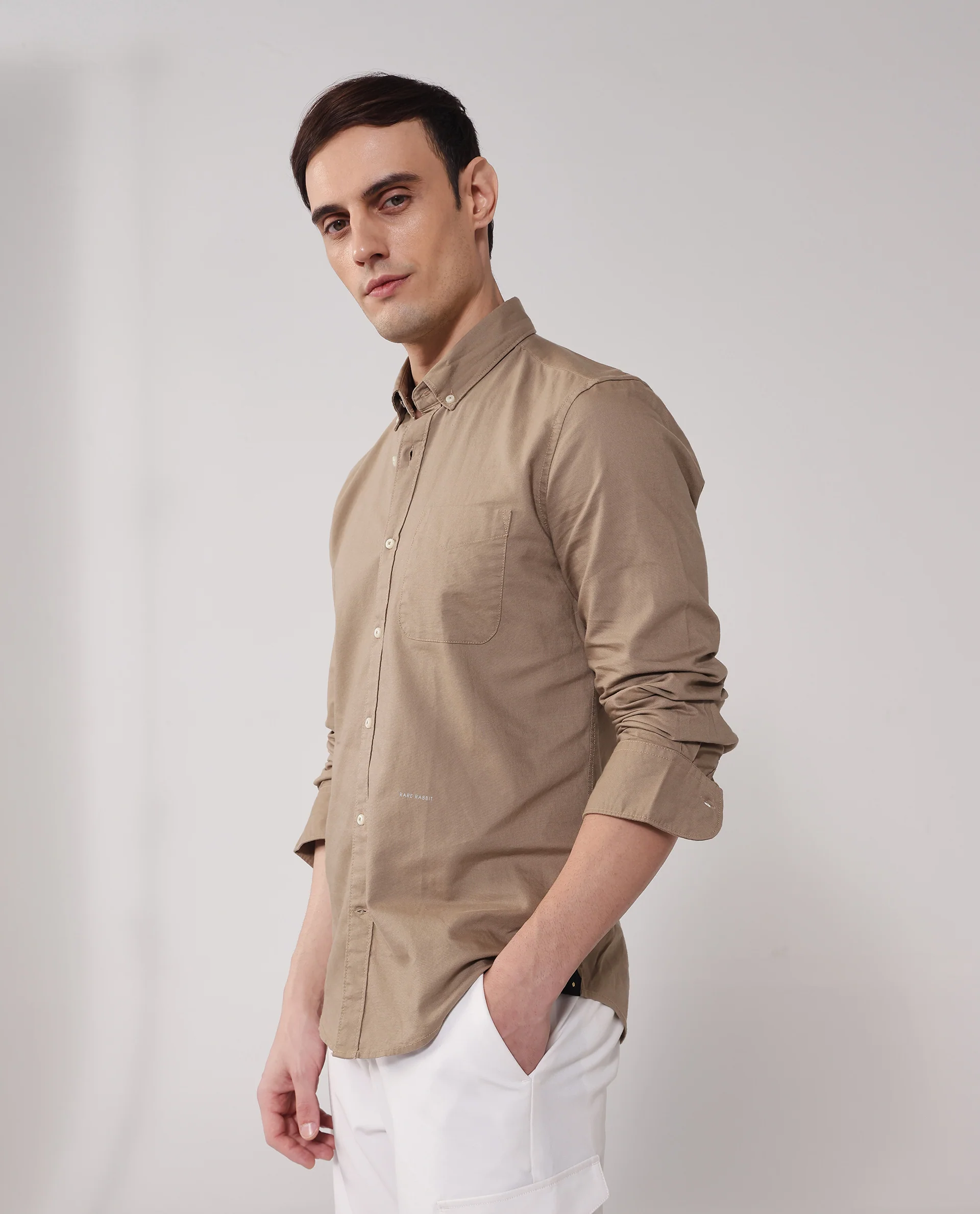Rare Rabbit Men's Auxfo Beige Cotton Plain Regular Fit Full Sleeve Button-Down Collar Shirt - Image 2