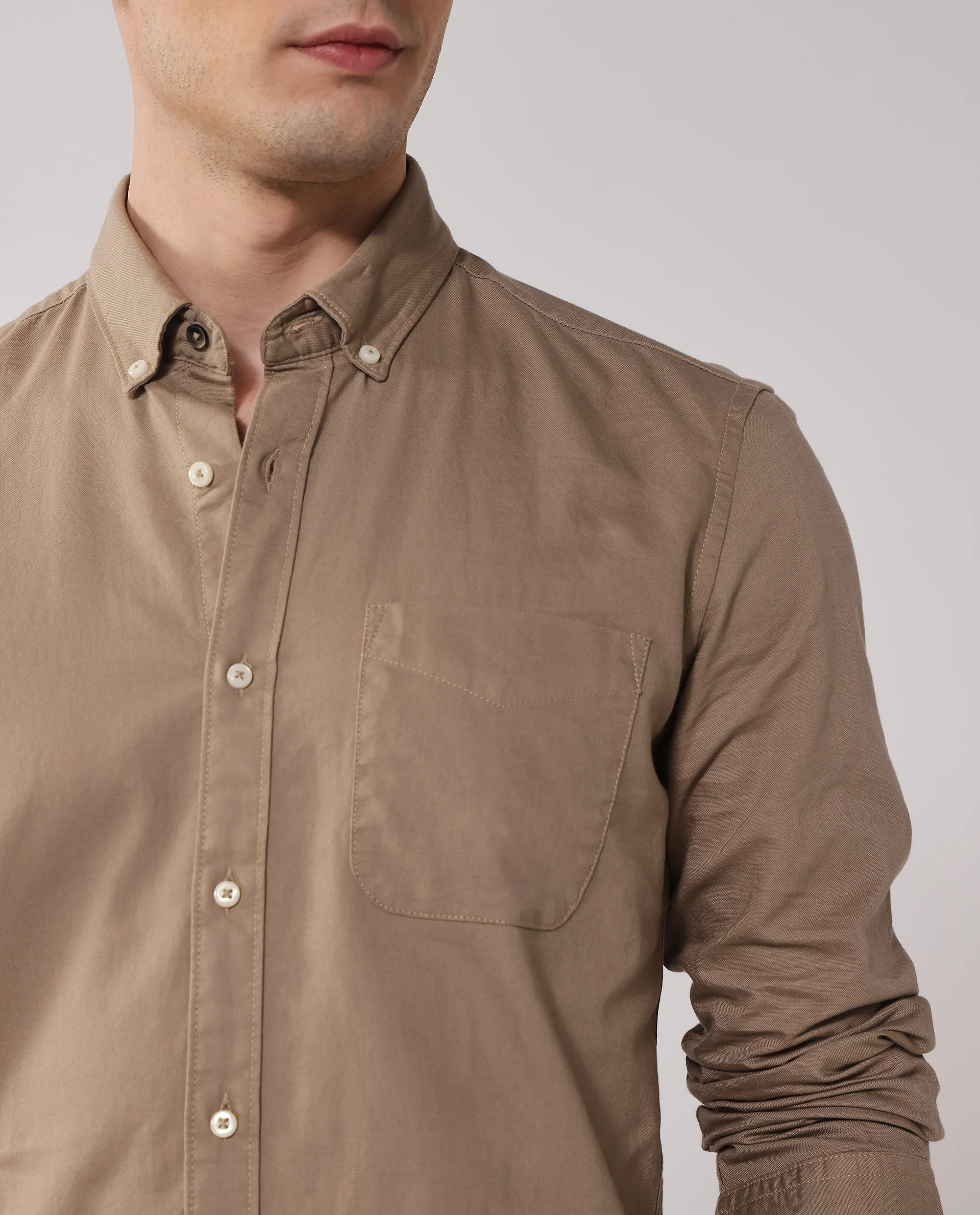 Rare Rabbit Men's Auxfo Beige Cotton Plain Regular Fit Full Sleeve Button-Down Collar Shirt - Image 3