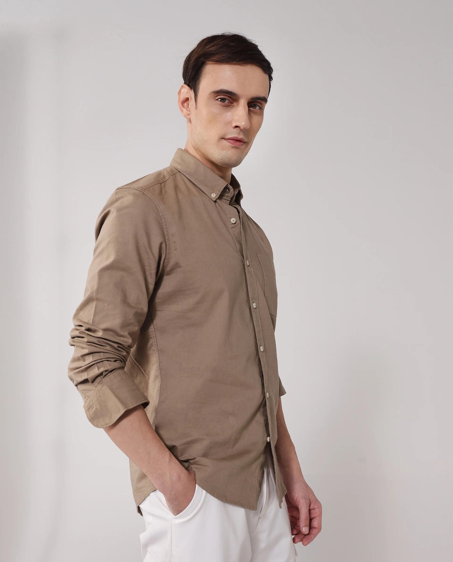 Rare Rabbit Men's Auxfo Beige Cotton Plain Regular Fit Full Sleeve Button-Down Collar Shirt - Image 5