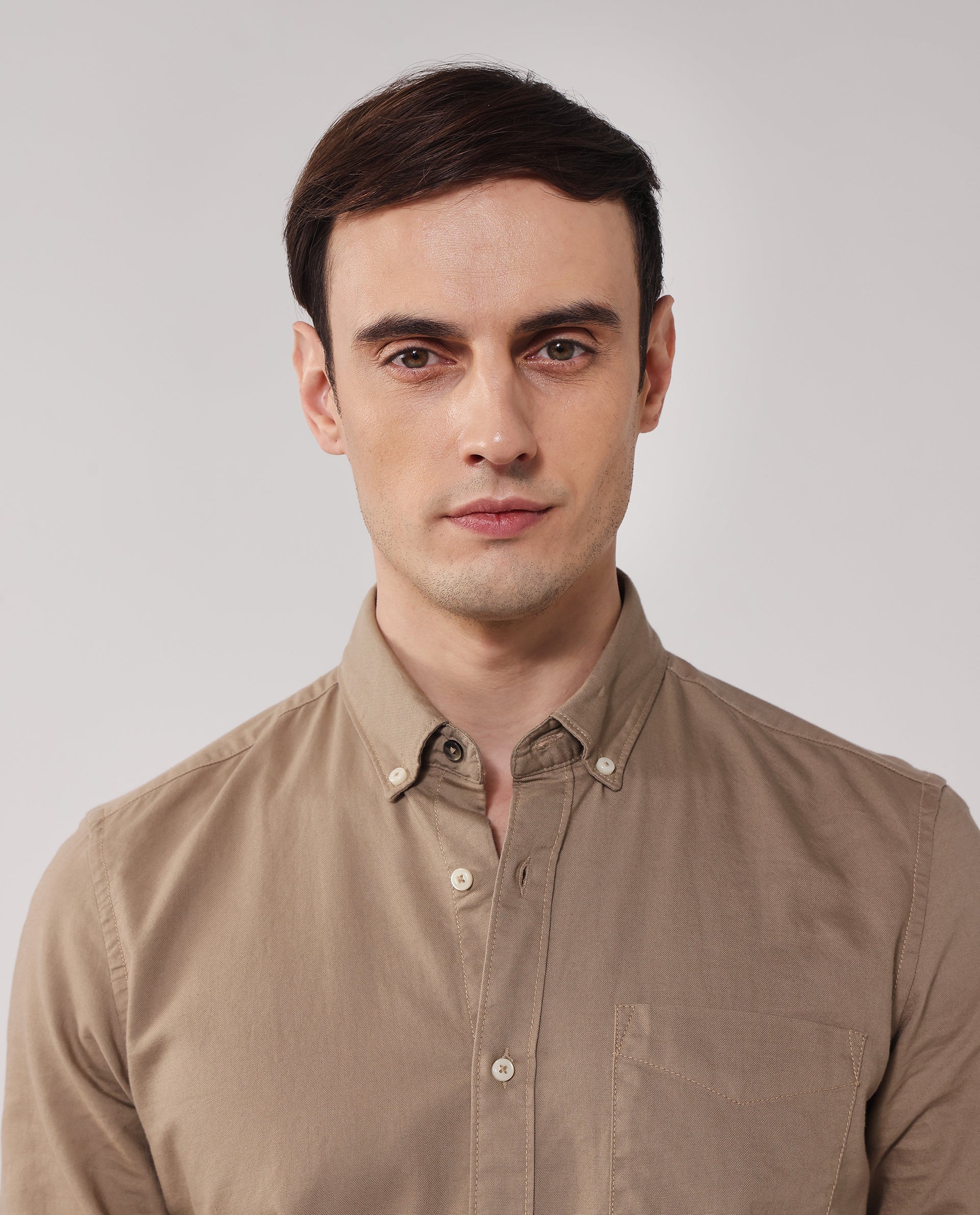 Rare Rabbit Men's Auxfo Beige Cotton Plain Regular Fit Full Sleeve Button-Down Collar Shirt - Image 6
