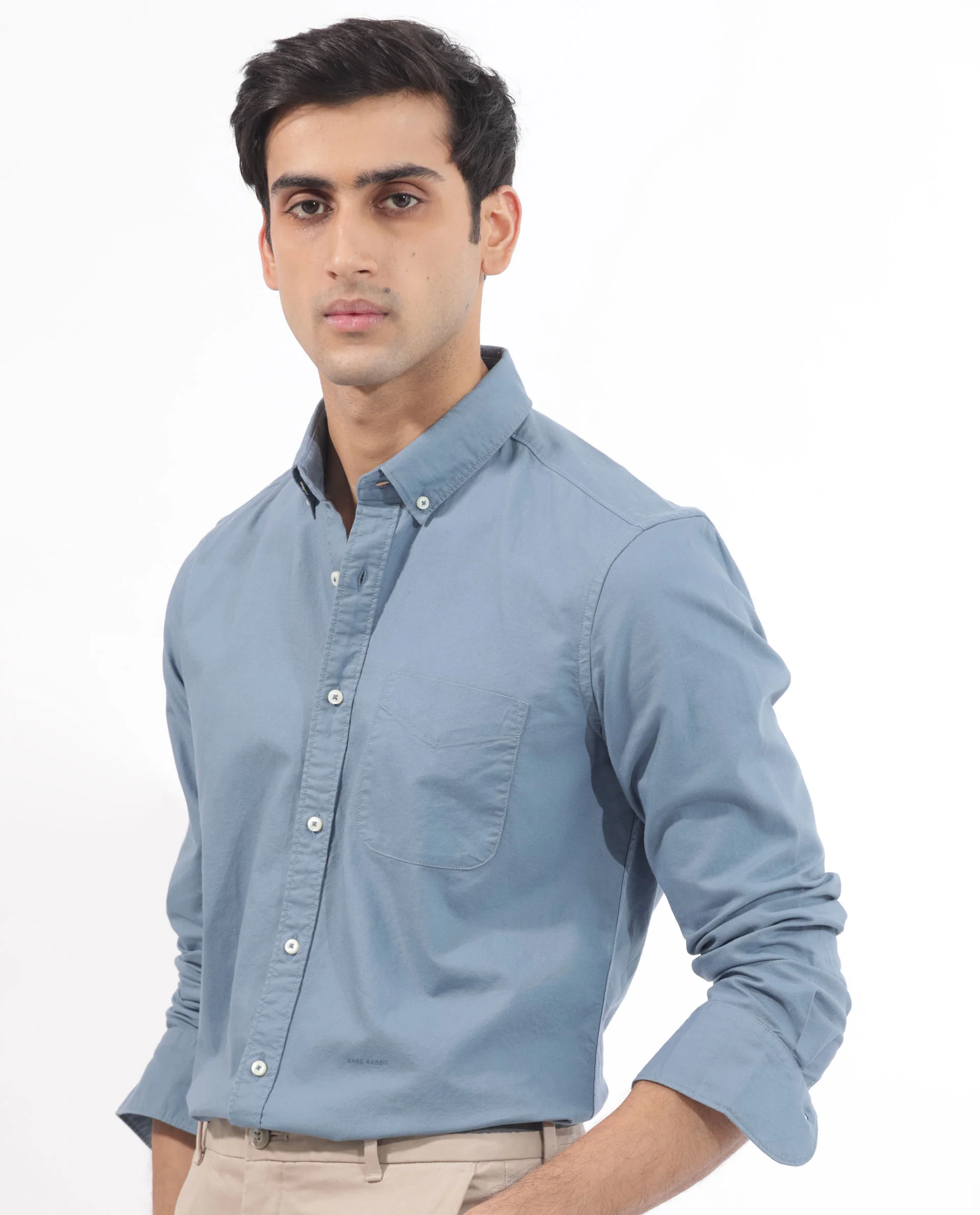 Rare Rabbit Men's Auxfo Blue Cotton Plain Regular Fit Full Sleeve Button-Down Collar Shirt - Image 3