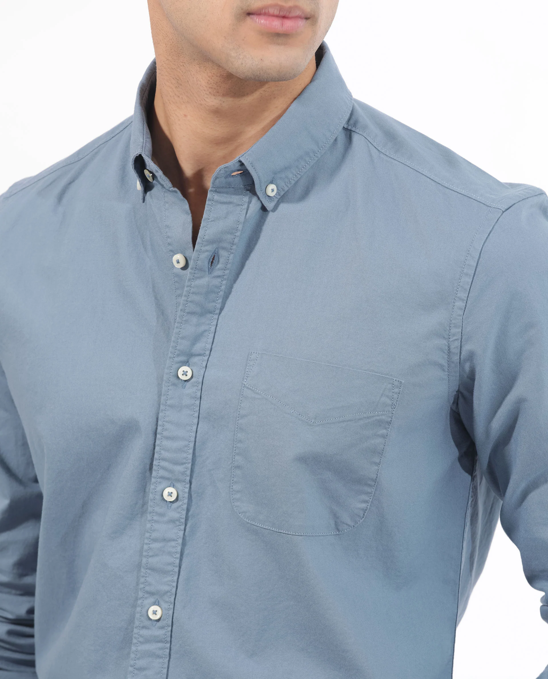 Rare Rabbit Men's Auxfo Blue Cotton Plain Regular Fit Full Sleeve Button-Down Collar Shirt - Image 4