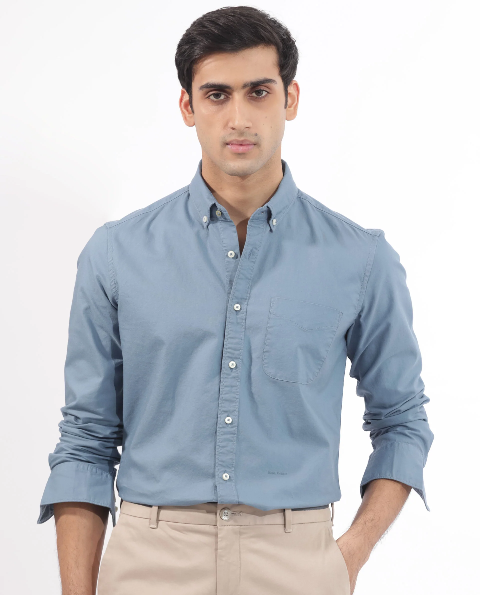 Rare Rabbit Men's Auxfo Blue Cotton Plain Regular Fit Full Sleeve Button-Down Collar Shirt - Image 6