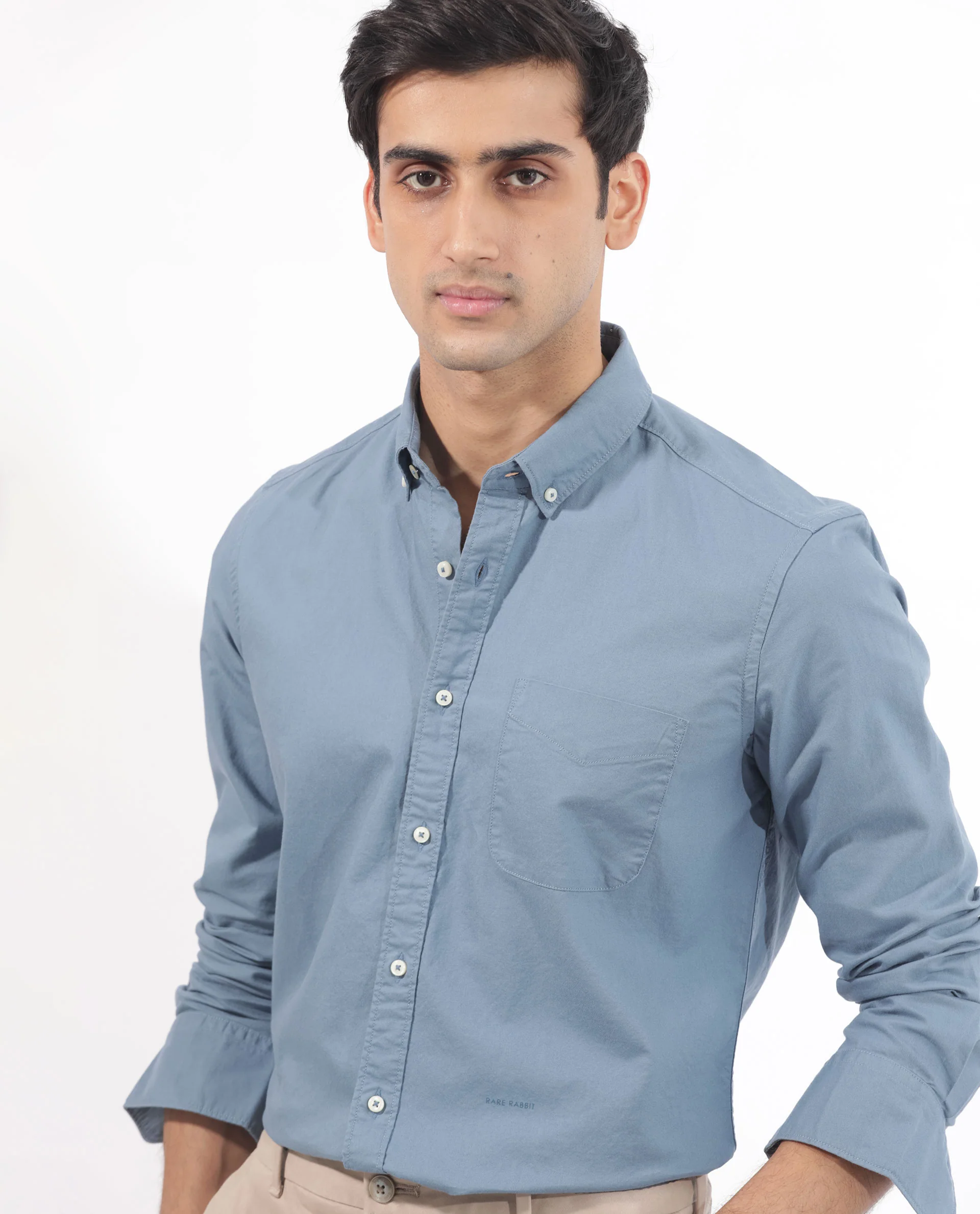 Rare Rabbit Men's Auxfo Blue Cotton Plain Regular Fit Full Sleeve Button-Down Collar Shirt - Image 7