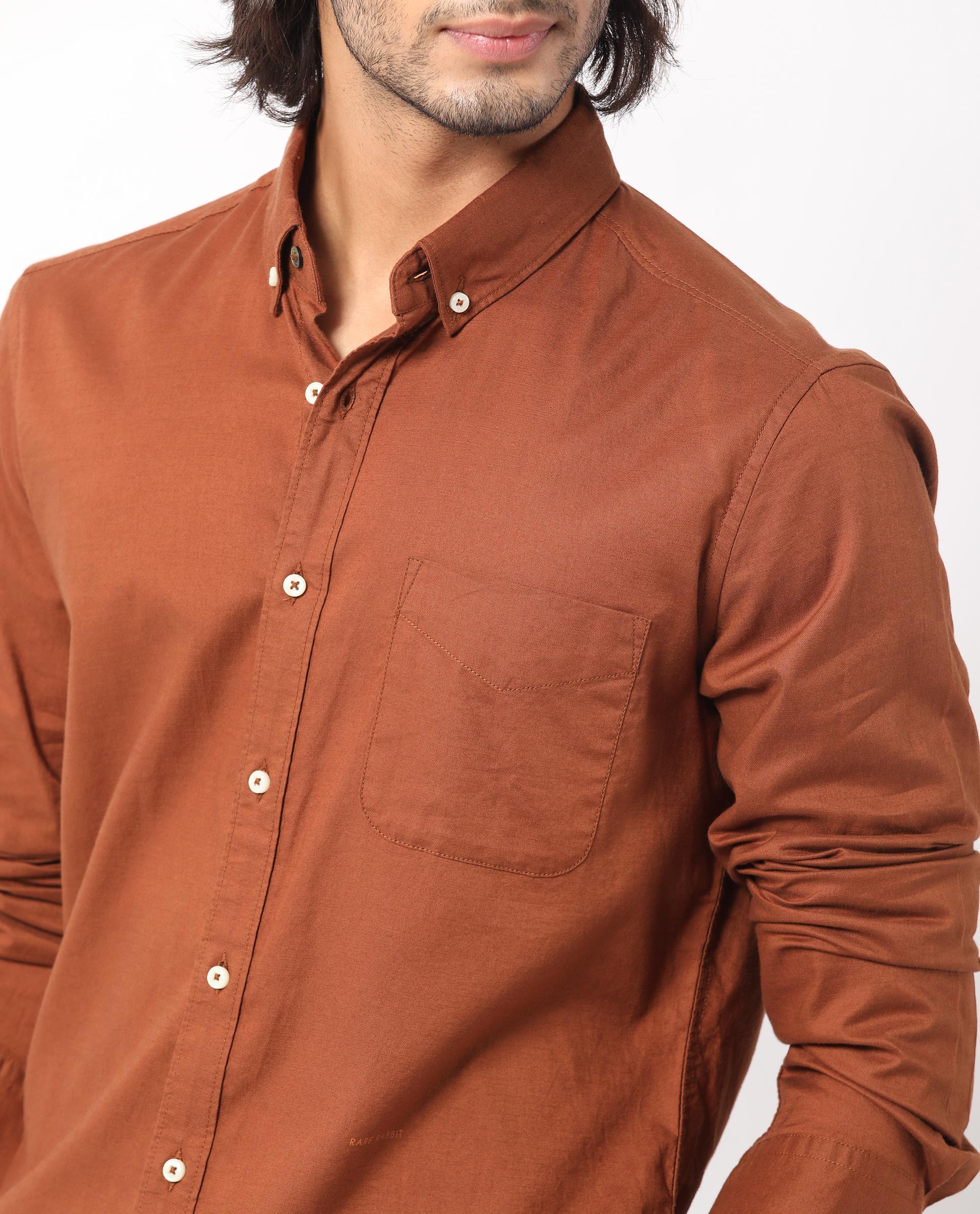 Rare Rabbit Men's Auxfo Brown Cotton Plain Regular Fit Full Sleeve Button-Down Collar Shirt - Image 5