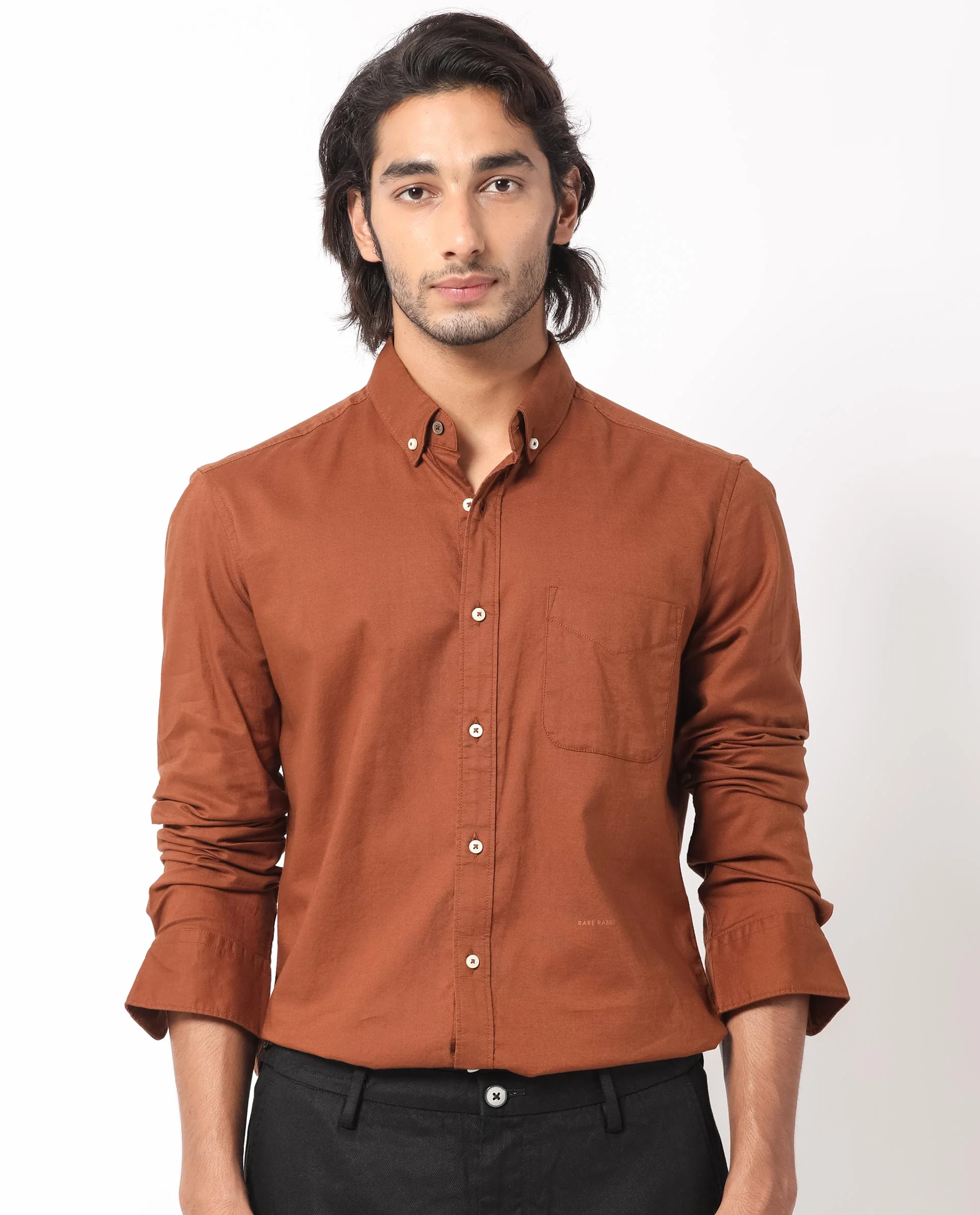 Rare Rabbit Men's Auxfo Brown Cotton Plain Regular Fit Full Sleeve Button-Down Collar Shirt - Image 8