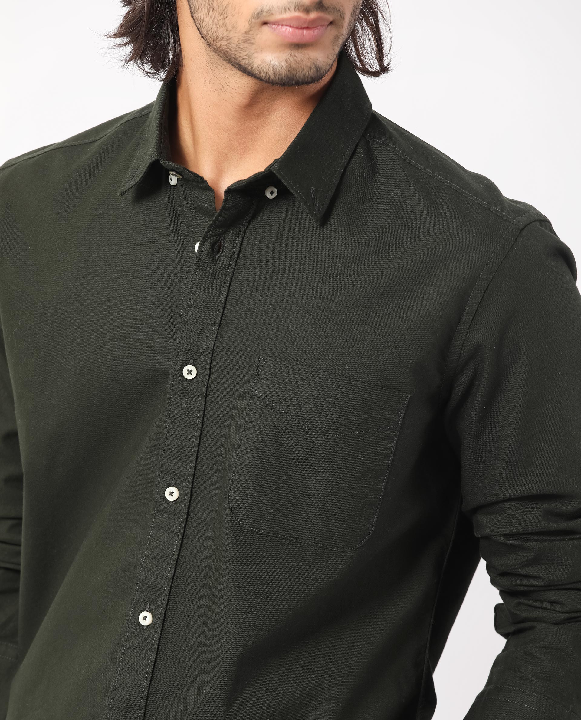 Rare Rabbit Men's Auxfo Dark Green Cotton Plain Regular Fit Full Sleeve Button-Down Collar Shirt - Image 3