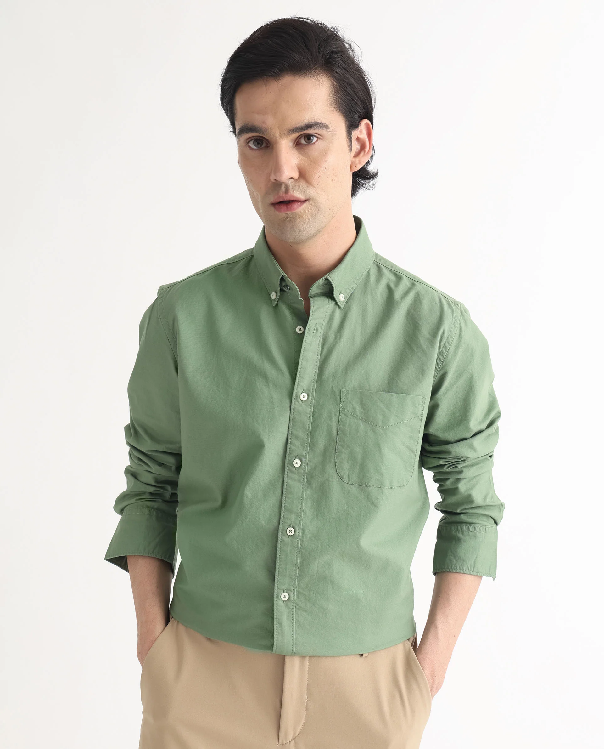 Rare Rabbit Men's Auxfo Green Cotton Plain Regular Fit Full Sleeve Button-Down Collar Shirt - Image 3