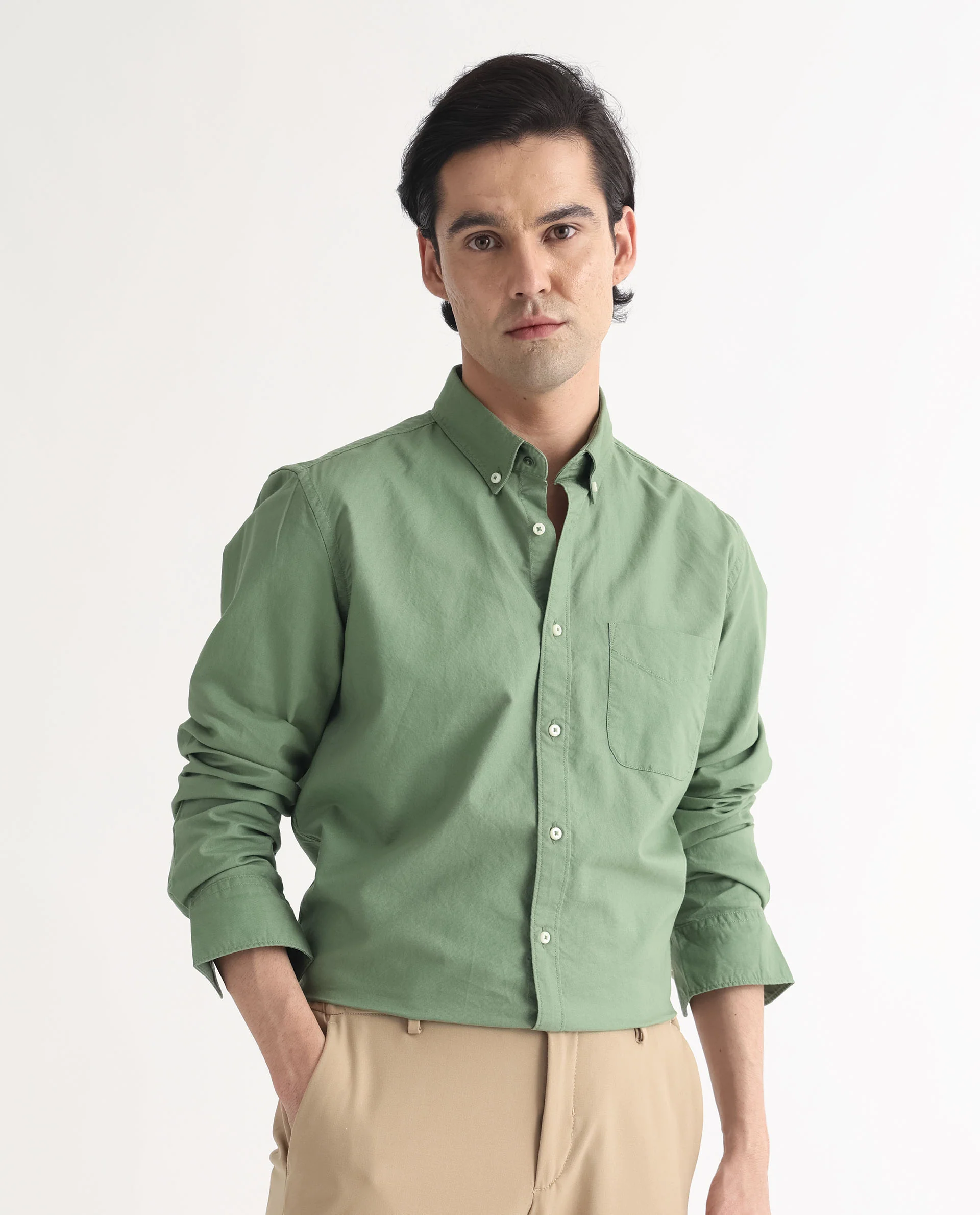 Rare Rabbit Men's Auxfo Green Cotton Plain Regular Fit Full Sleeve Button-Down Collar Shirt - Image 4