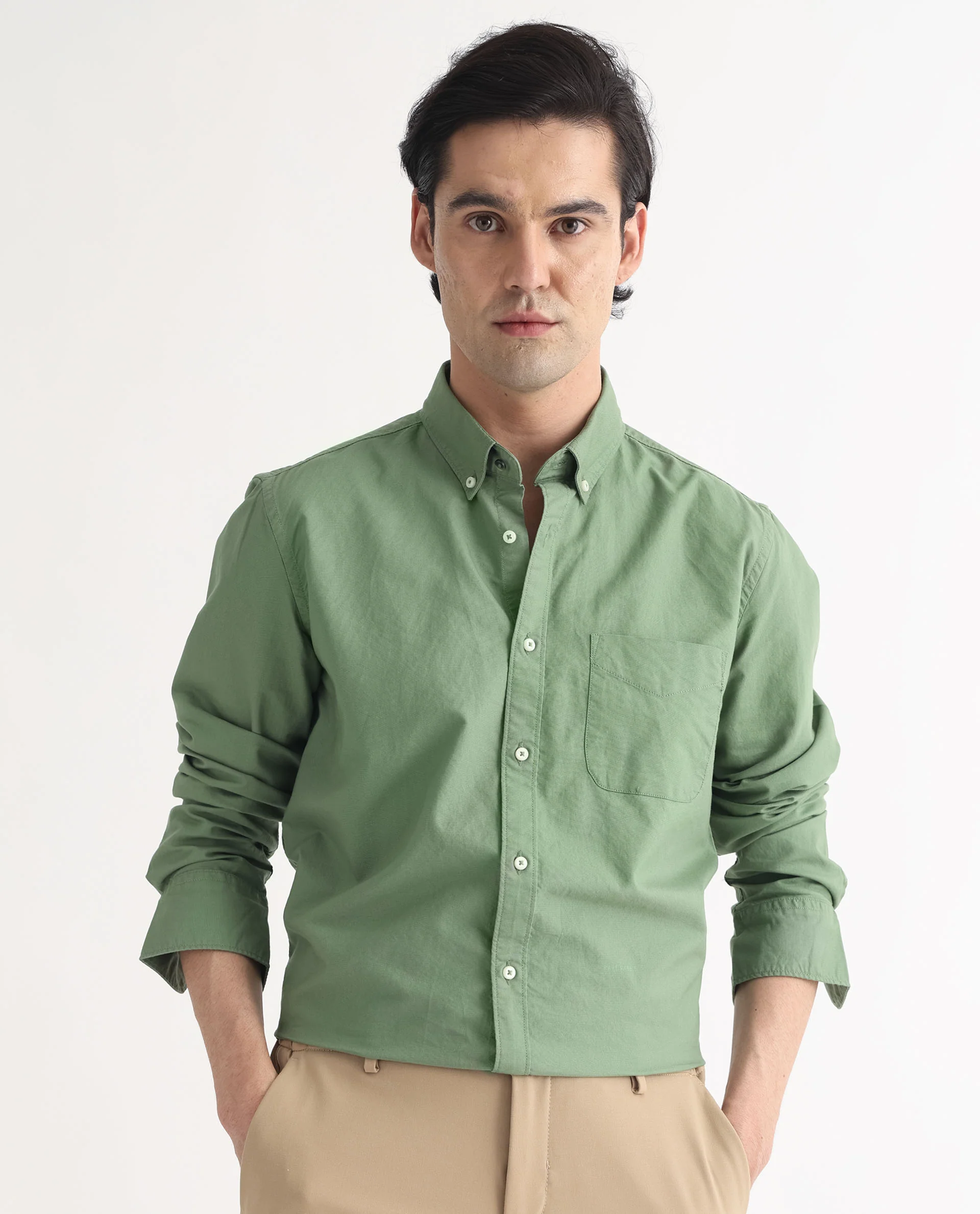 Rare Rabbit Men's Auxfo Green Cotton Plain Regular Fit Full Sleeve Button-Down Collar Shirt - Image 6