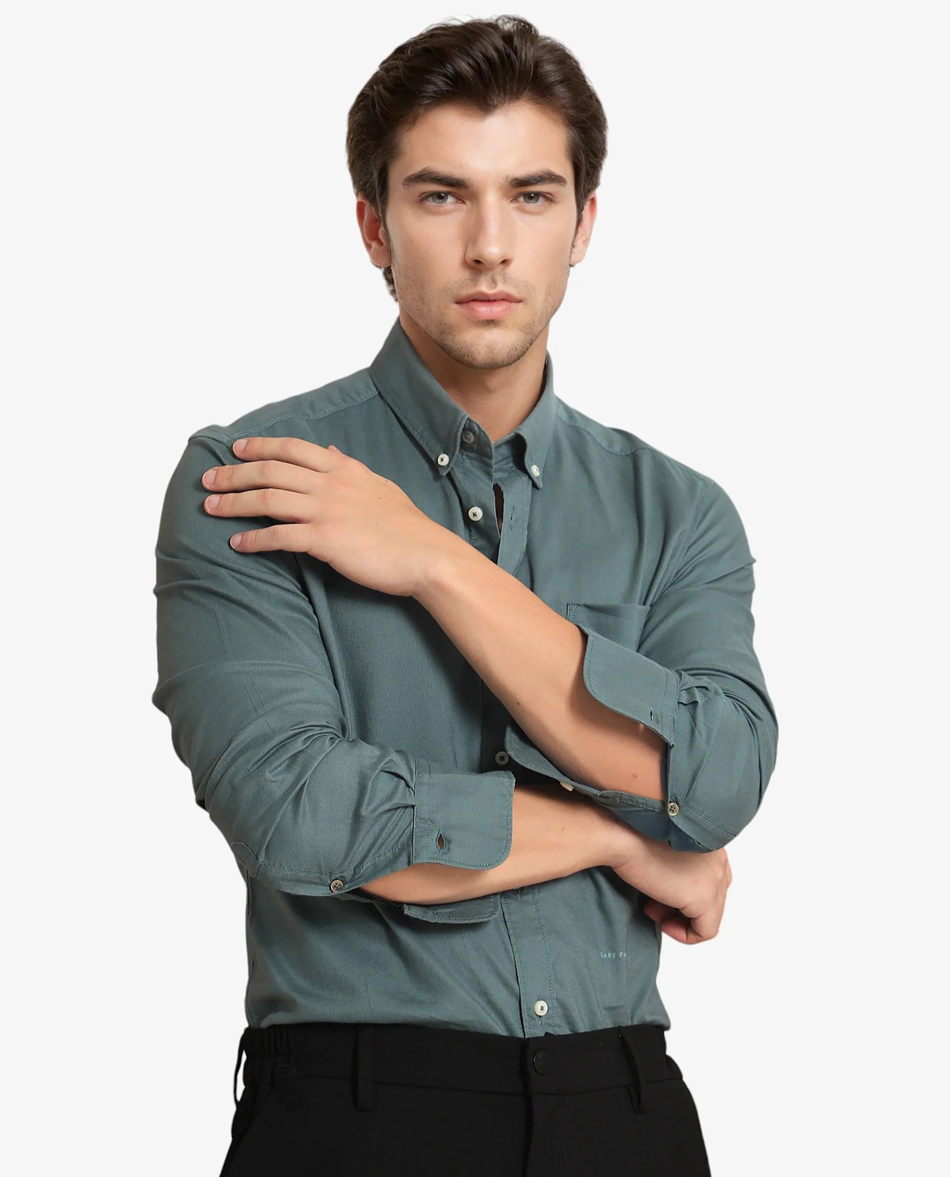 Rare Rabbit Men's Auxfo Light Petrol Cotton Plain Regular Fit Full Sleeve Button-Down Collar Shirt - Image 10