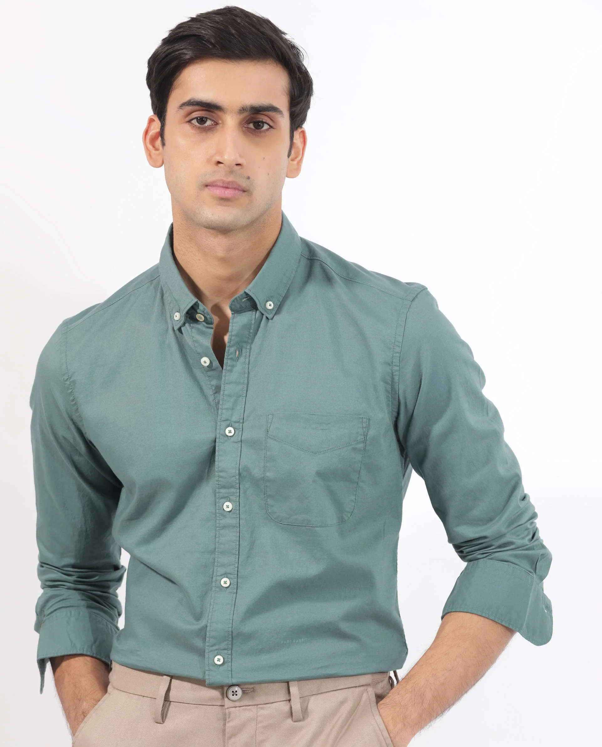 Rare Rabbit Men's Auxfo Light Petrol Cotton Plain Regular Fit Full Sleeve Button-Down Collar Shirt - Image 3