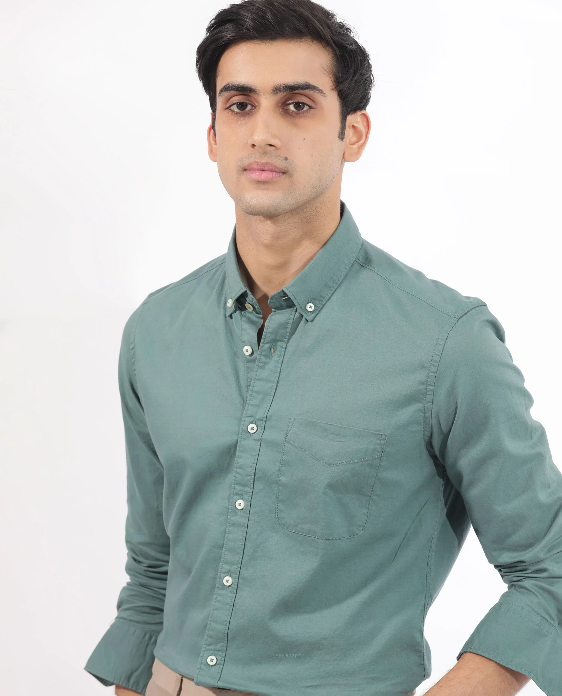 Rare Rabbit Men's Auxfo Light Petrol Cotton Plain Regular Fit Full Sleeve Button-Down Collar Shirt - Image 5