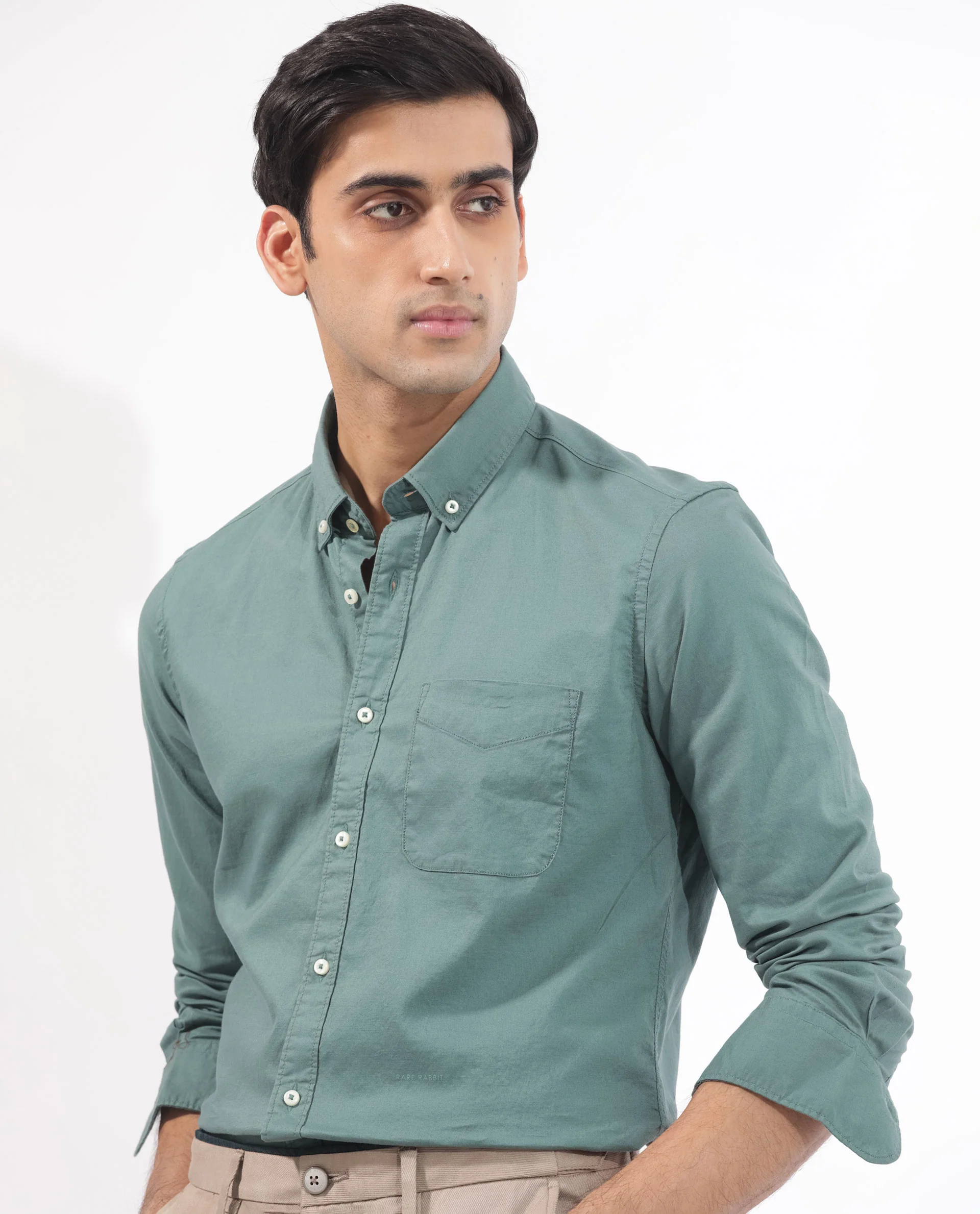 Rare Rabbit Men's Auxfo Light Petrol Cotton Plain Regular Fit Full Sleeve Button-Down Collar Shirt - Image 6