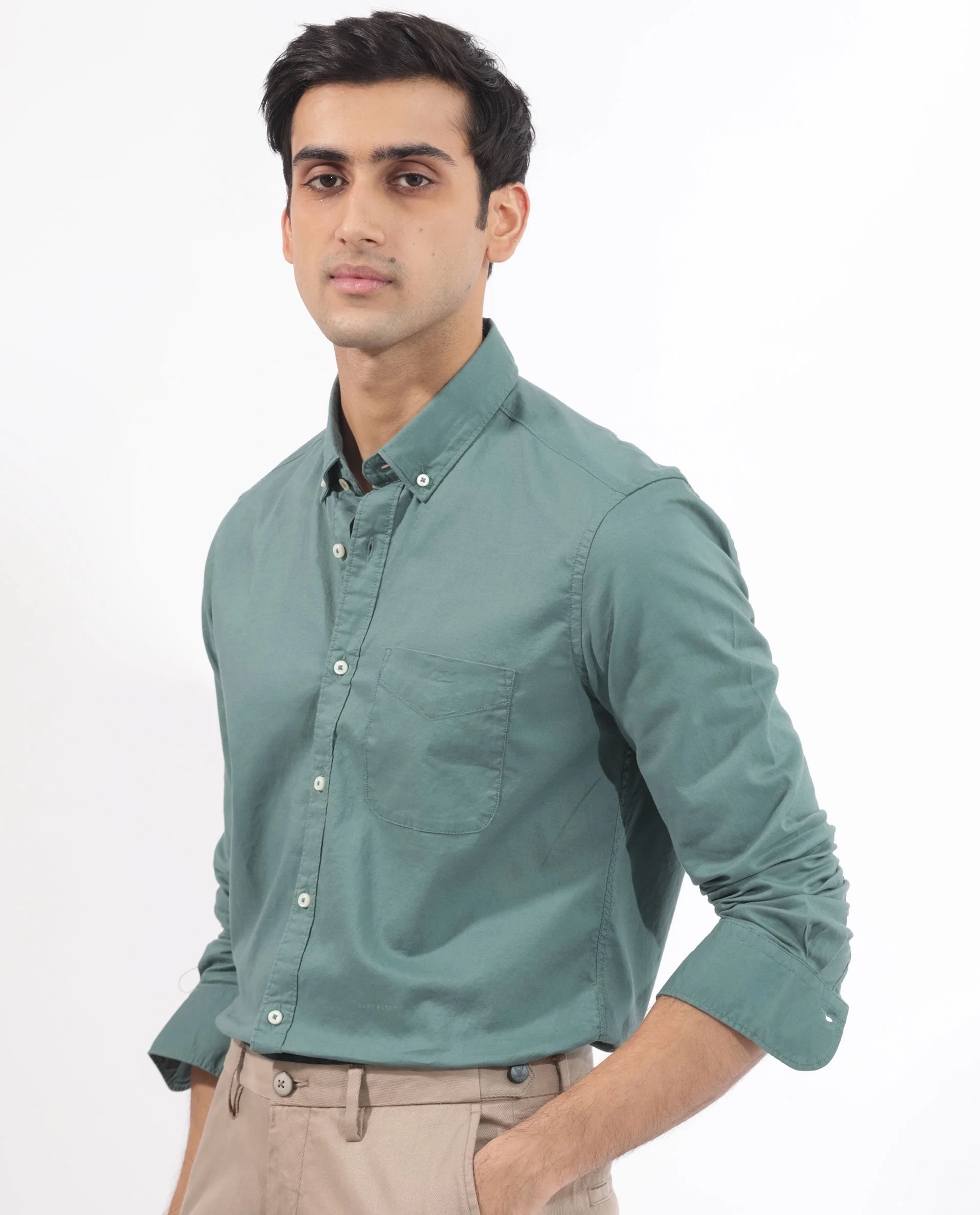 Rare Rabbit Men's Auxfo Light Petrol Cotton Plain Regular Fit Full Sleeve Button-Down Collar Shirt - Image 7