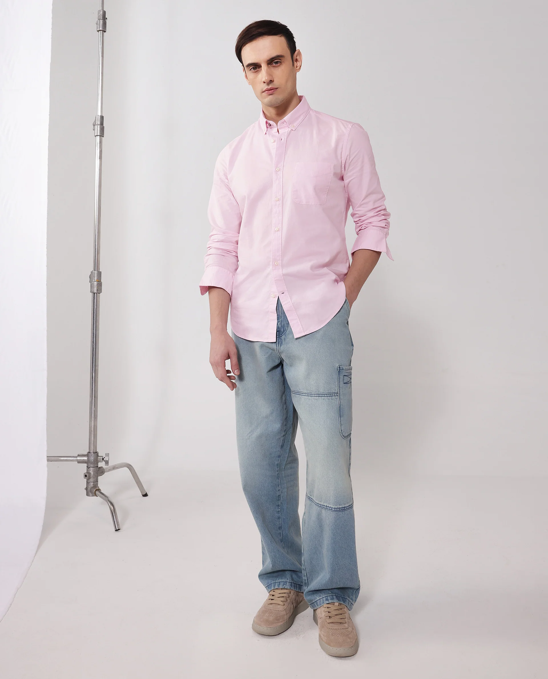 Rare Rabbit Men's Auxfo Light Pink Cotton Plain Regular Fit Full Sleeve Button-Down Collar Shirt - Image 2