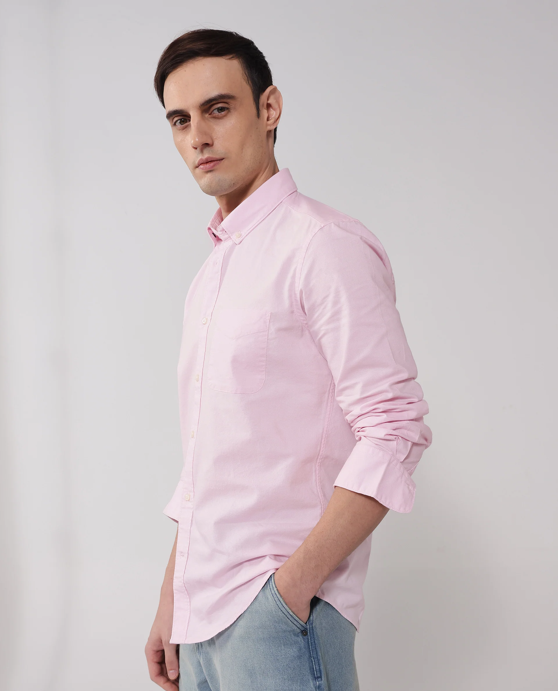 Rare Rabbit Men's Auxfo Light Pink Cotton Plain Regular Fit Full Sleeve Button-Down Collar Shirt - Image 4