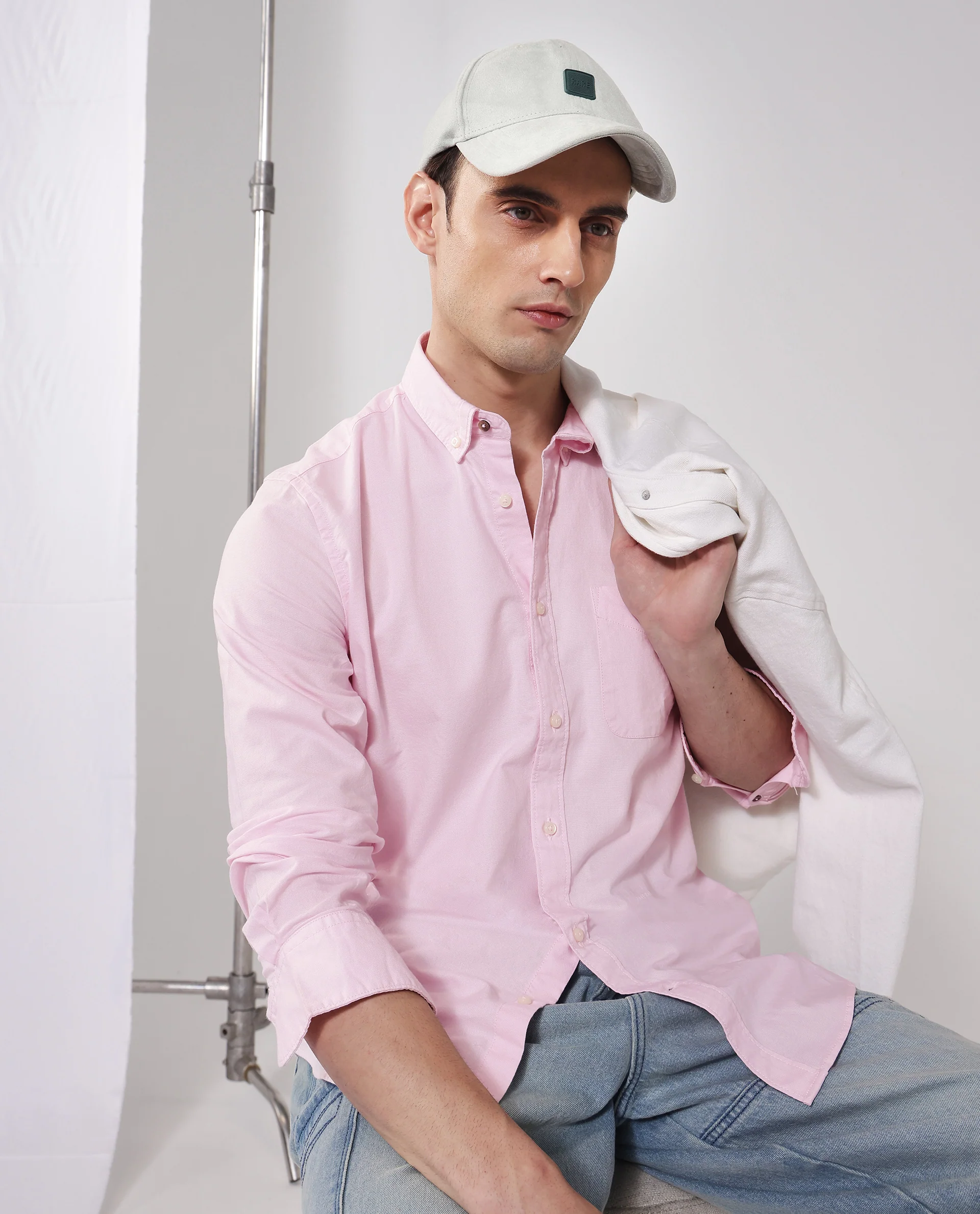 Rare Rabbit Men's Auxfo Light Pink Cotton Plain Regular Fit Full Sleeve Button-Down Collar Shirt - Image 5