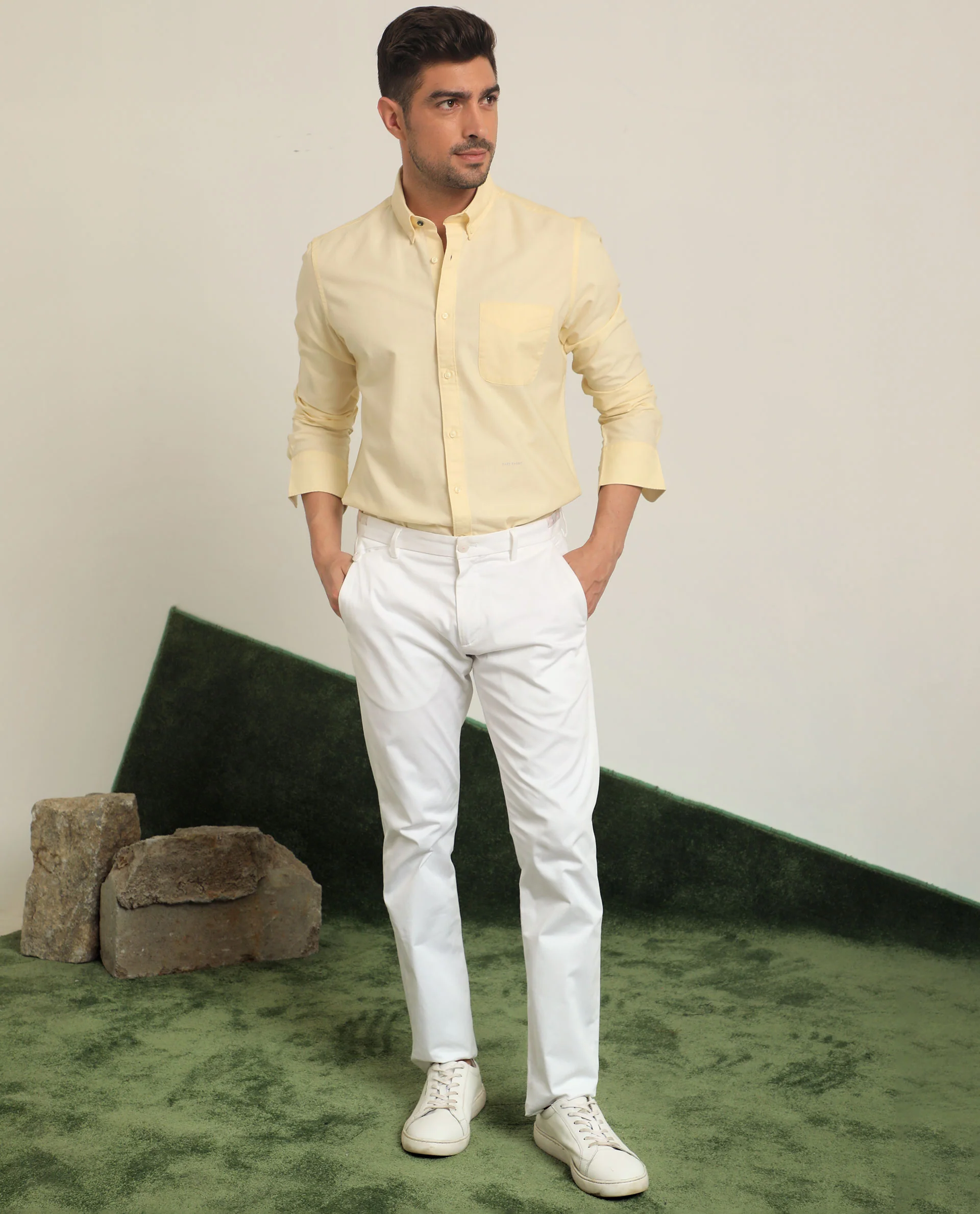 Rare Rabbit Men's Auxfo Light Yellow Cotton Plain Regular Fit Full Sleeve Button-Down Collar Shirt - Image 2