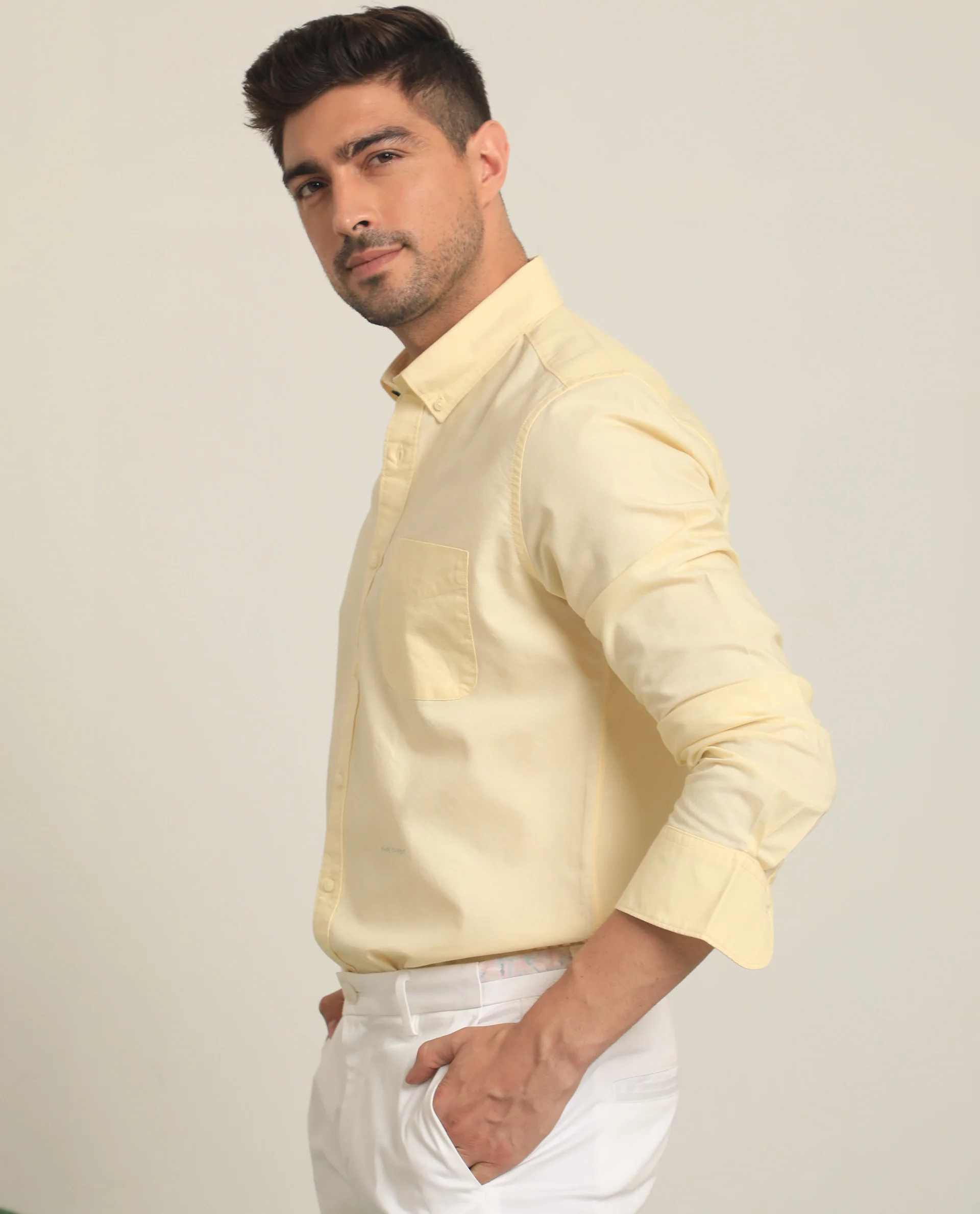 Rare Rabbit Men's Auxfo Light Yellow Cotton Plain Regular Fit Full Sleeve Button-Down Collar Shirt - Image 3