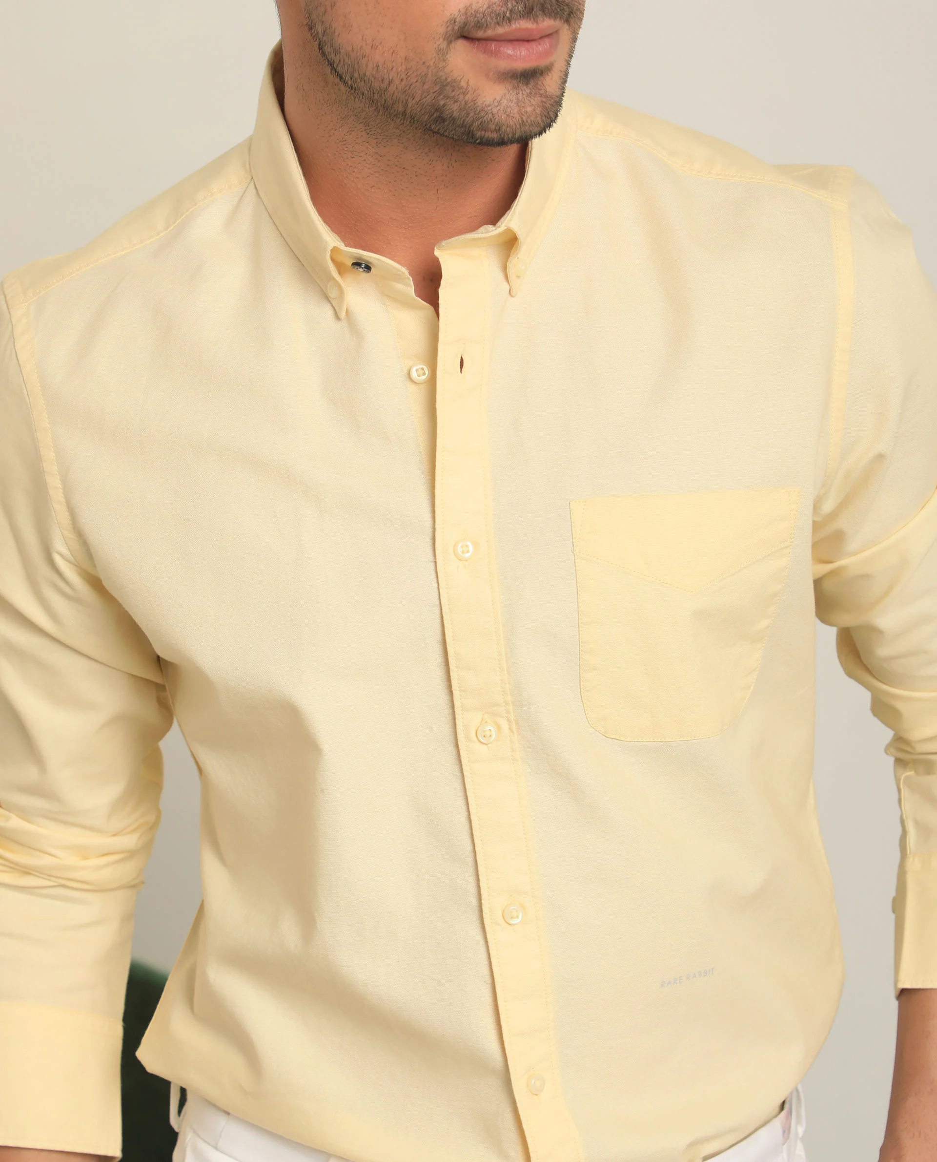 Rare Rabbit Men's Auxfo Light Yellow Cotton Plain Regular Fit Full Sleeve Button-Down Collar Shirt - Image 4