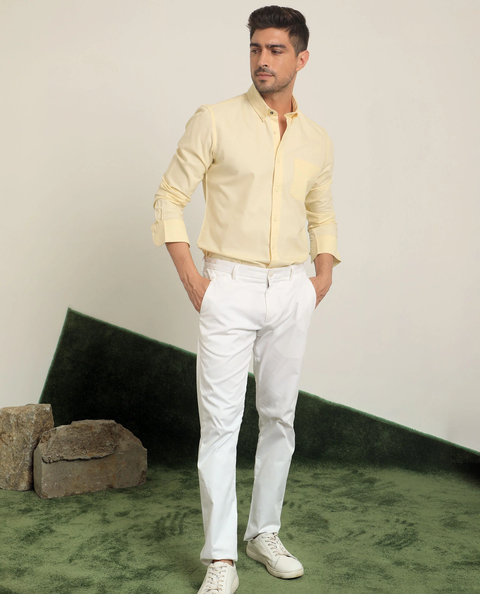 Rare Rabbit Men's Auxfo Light Yellow Cotton Plain Regular Fit Full Sleeve Button-Down Collar Shirt - Image 6