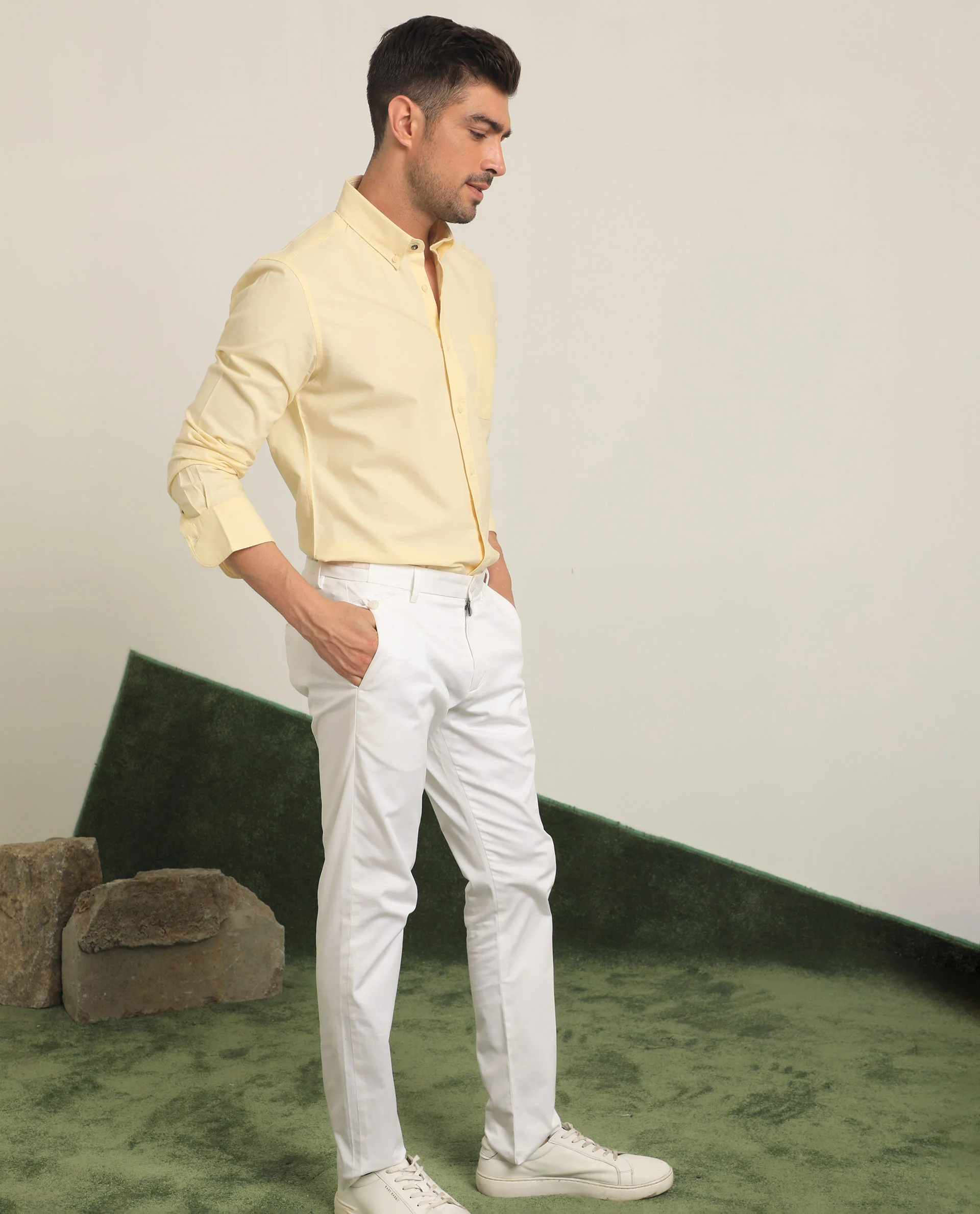 Rare Rabbit Men's Auxfo Light Yellow Cotton Plain Regular Fit Full Sleeve Button-Down Collar Shirt - Image 7