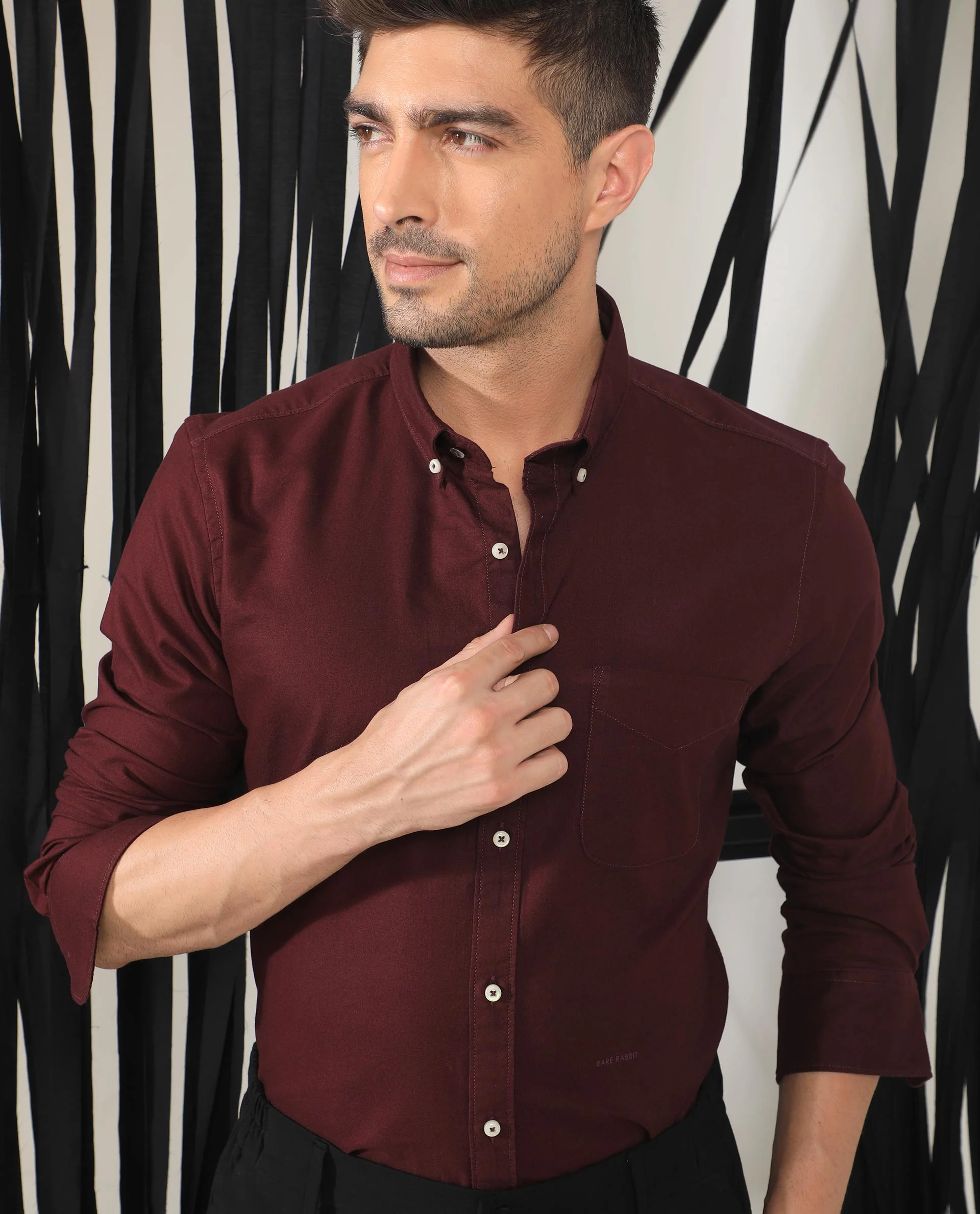 Rare Rabbit Men's Auxfo Maroon Cotton Plain Regular Fit Full Sleeve Button-Down Collar Shirt