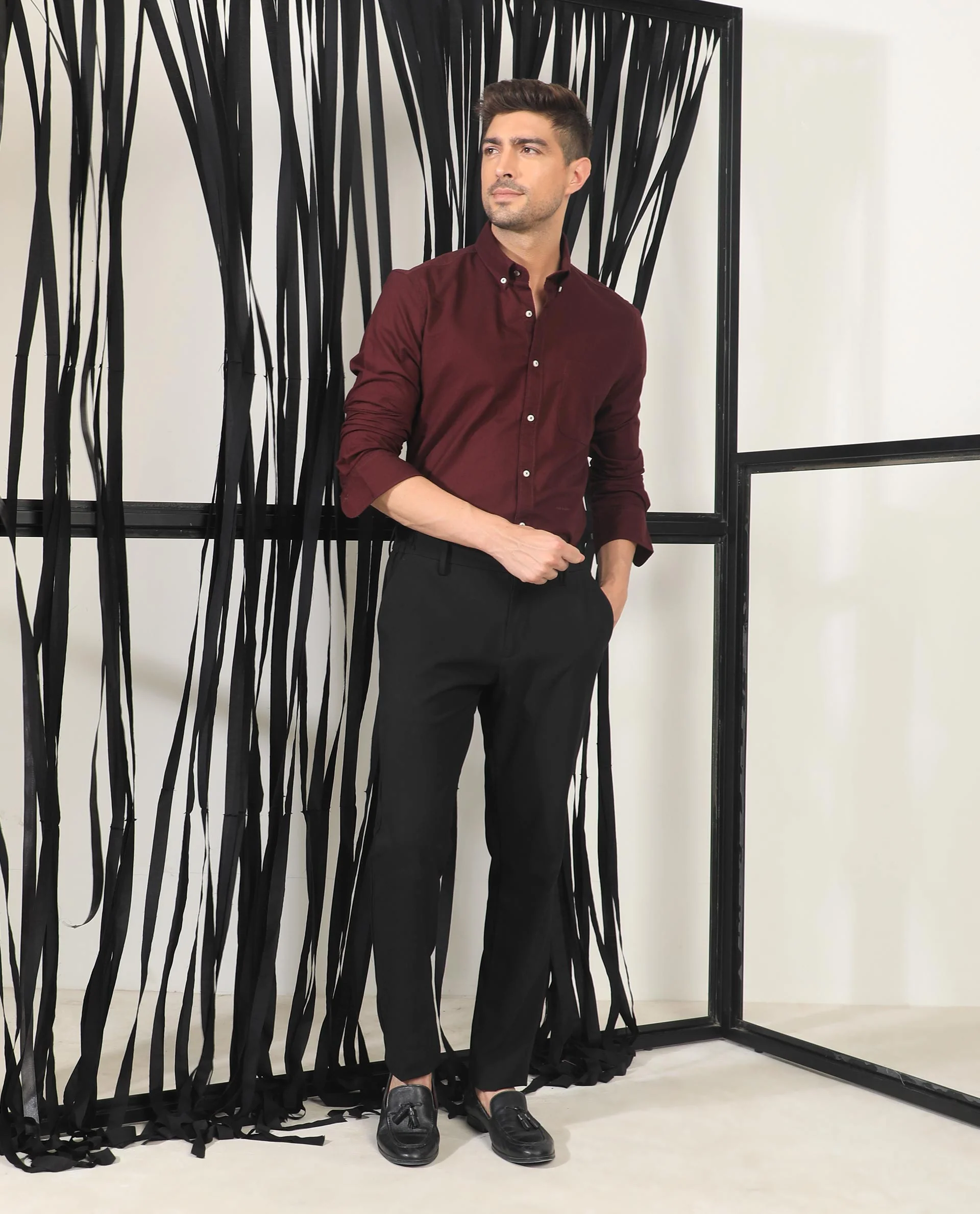 Rare Rabbit Men's Auxfo Maroon Cotton Plain Regular Fit Full Sleeve Button-Down Collar Shirt - Image 2