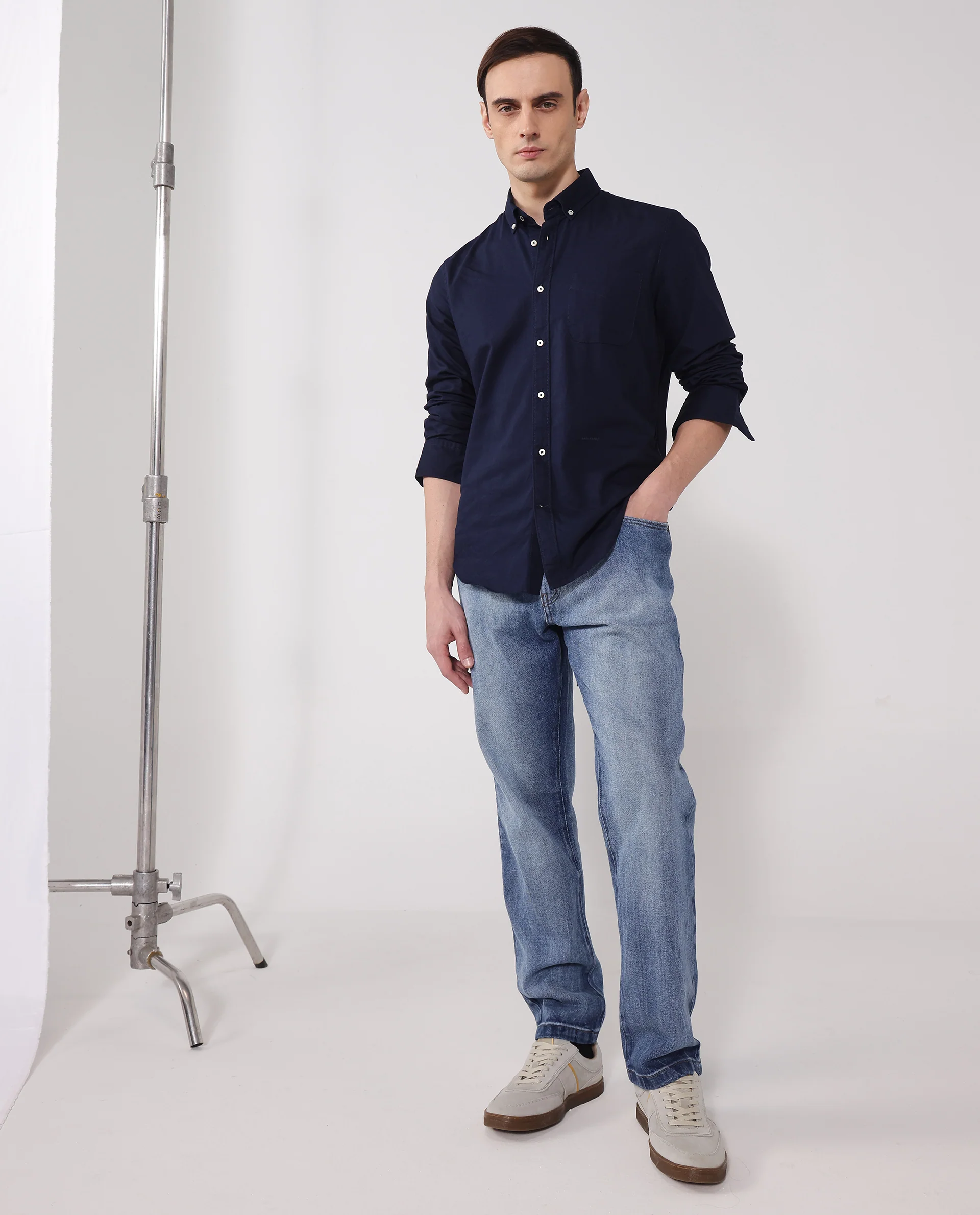 Rare Rabbit Men's Auxfo Navy Cotton Plain Regular Fit Full Sleeve Button-Down Collar Shirt - Image 2